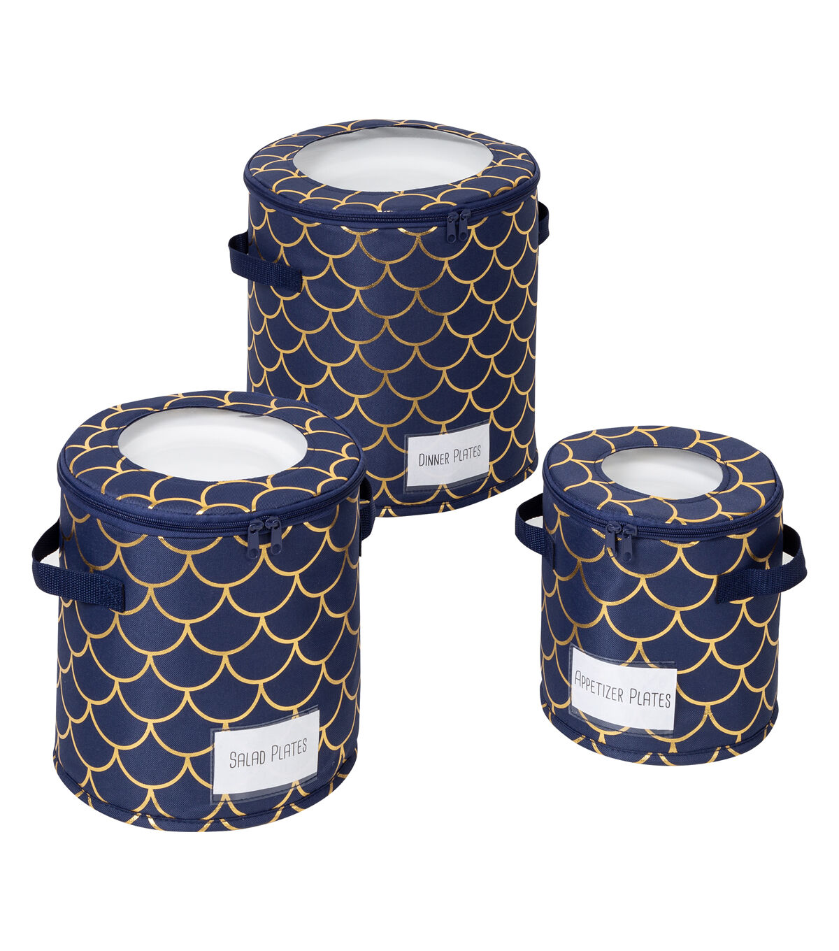 Honey Can Do 12 Navy & Gold Round Dinnerware Storage Cases 3ct