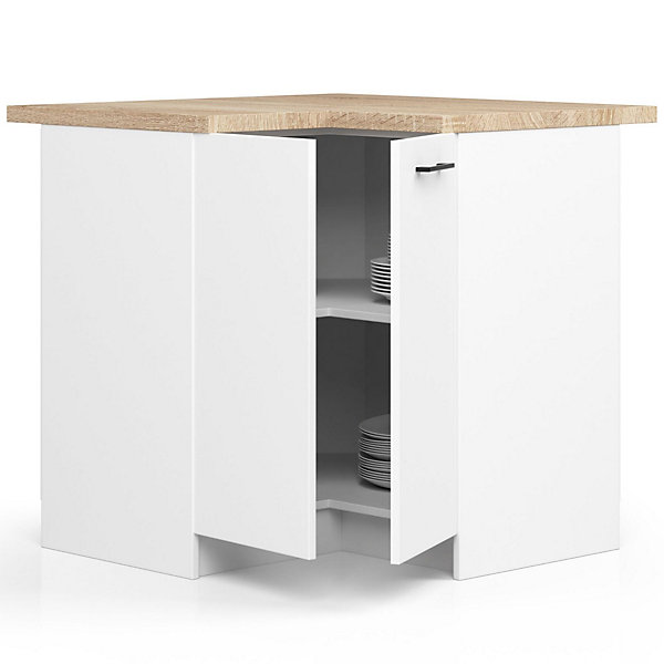 Meuble de cuisine bas AKORD S90 d'angle avec plan de travail OLIWIA Blanc 90 cm 2 portes façade Blanche 2 étagères 90x46x85 cm
