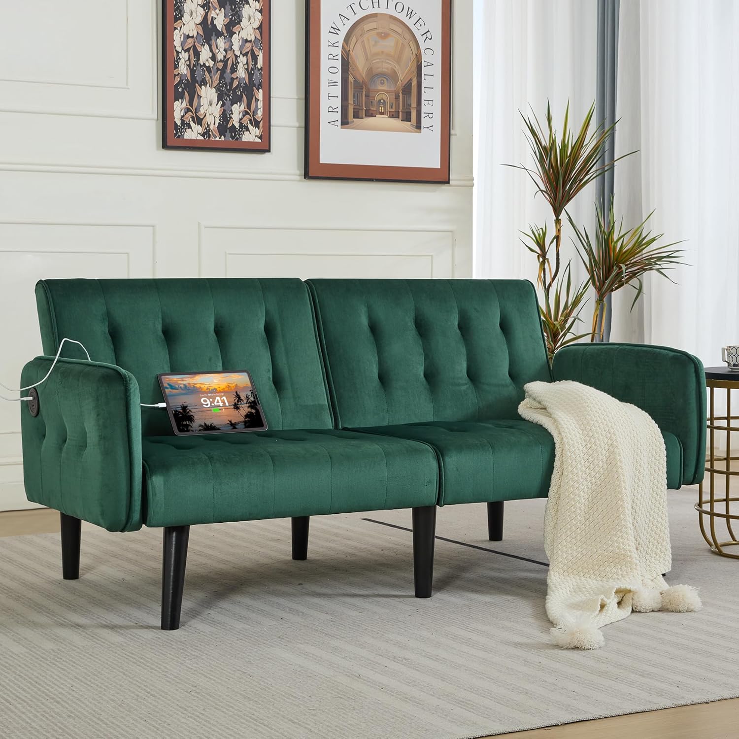 TYBOATLE 65 W Velvet Modern Convertible Folding Futon Couch Sofa Bed w/ 2 USB Charging Ports and arms, Loveseat for Living Room, Office, Apartment, Bedroom (Green)