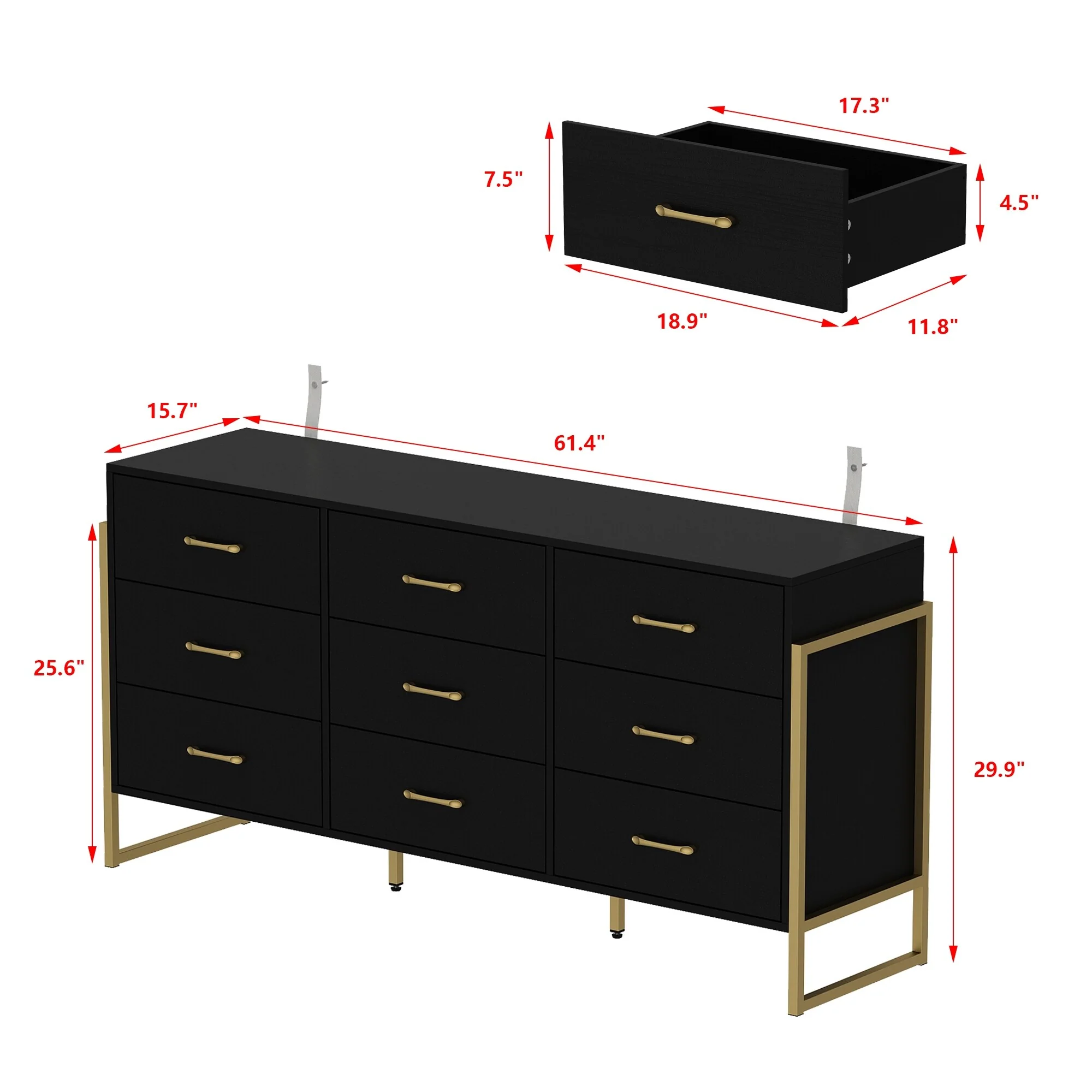 Elegant 9-Drawer Dresser with Gold Accents - Black Stripe Finish Chest
