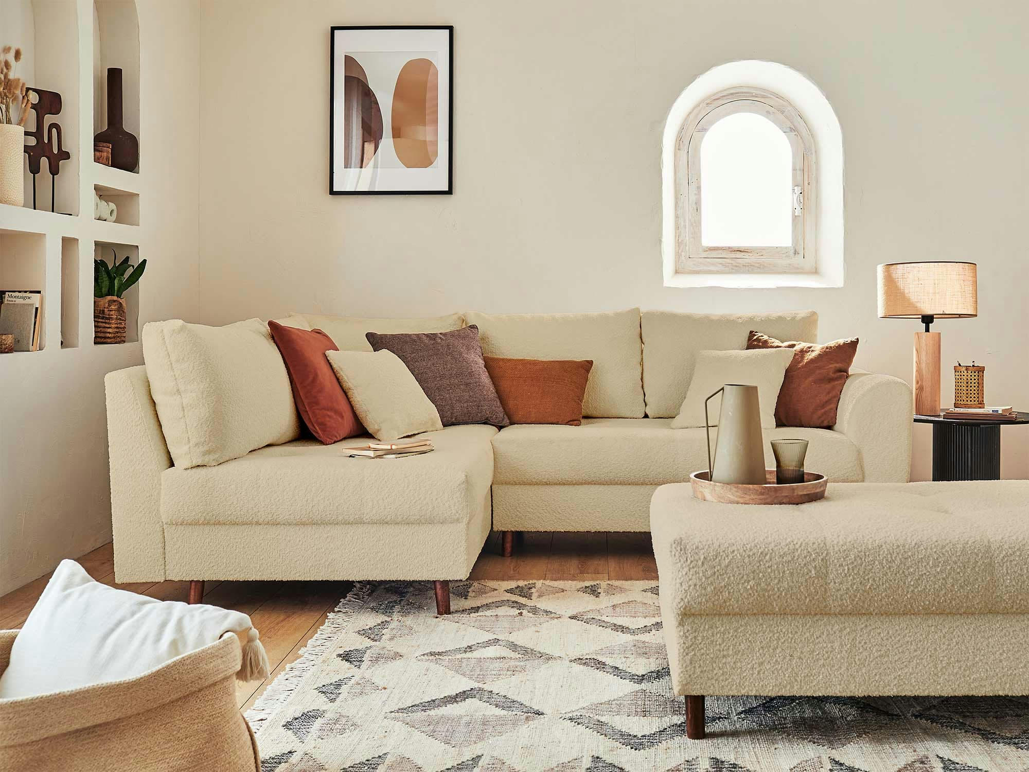 RUNE - Canapé d'angle gauche convertible 4 places en tissu bouclette beige