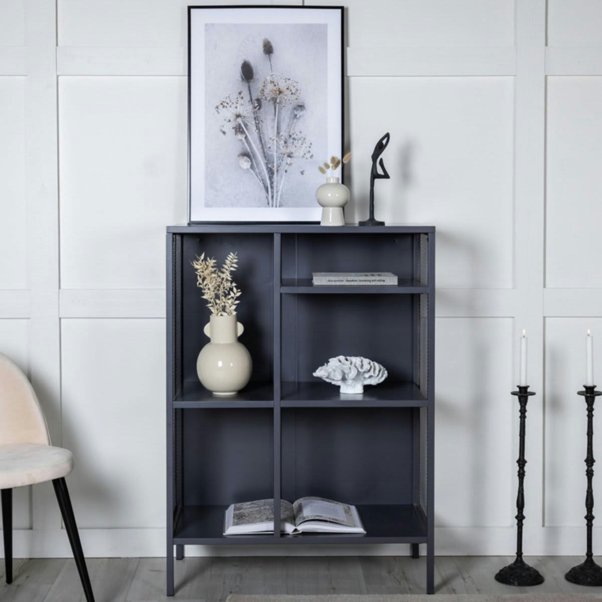 JINKA - Buffet bas industriel avec étagères en métal 110cm gris