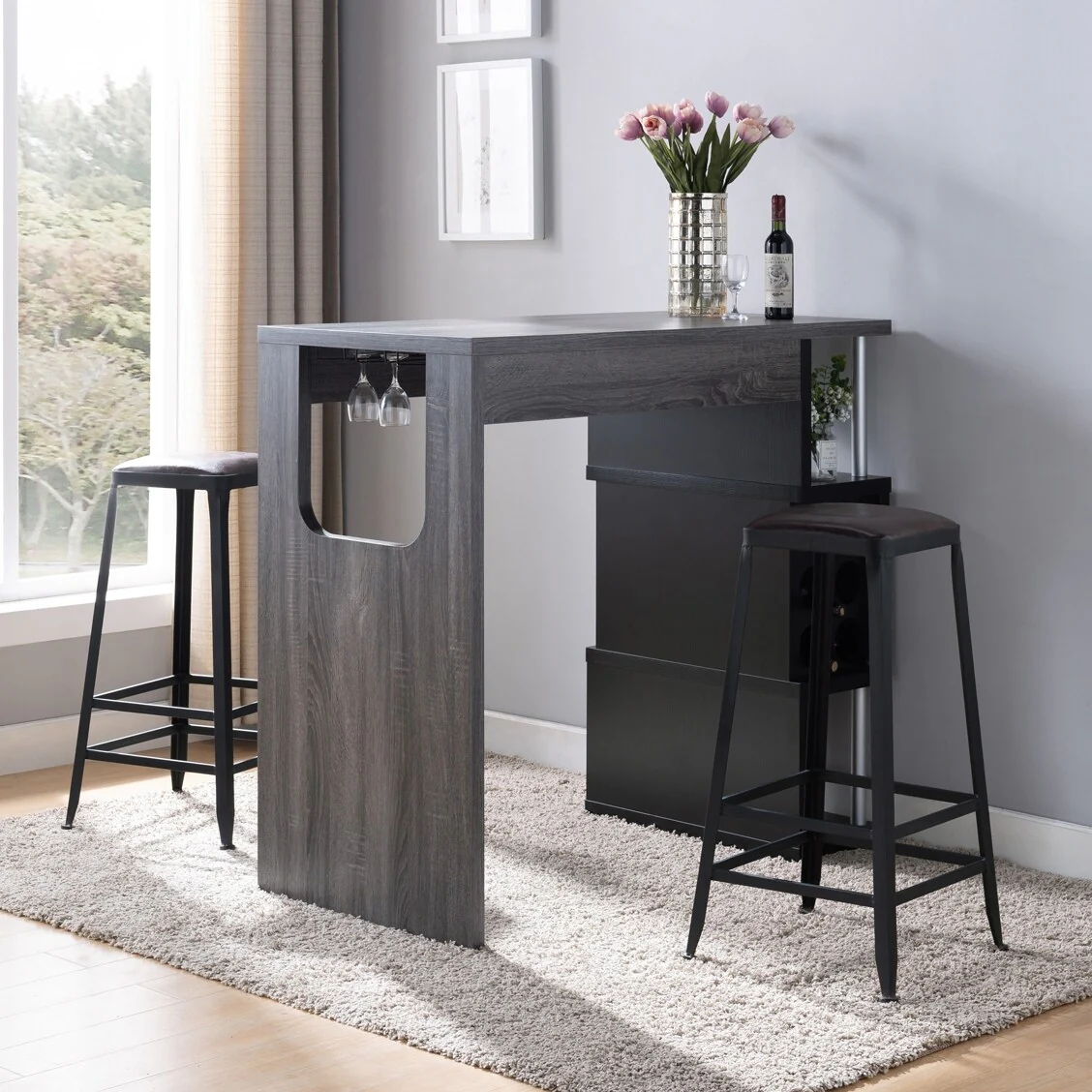 Home Bar Table with Wine Glass Compartment and Three Shelves, Grey and Black