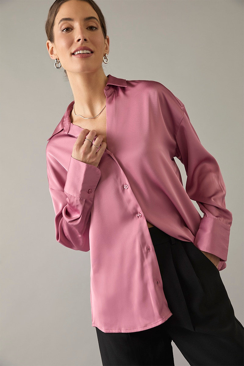 Nora Drop Shoulder Satin Button Down Shirt Mauve