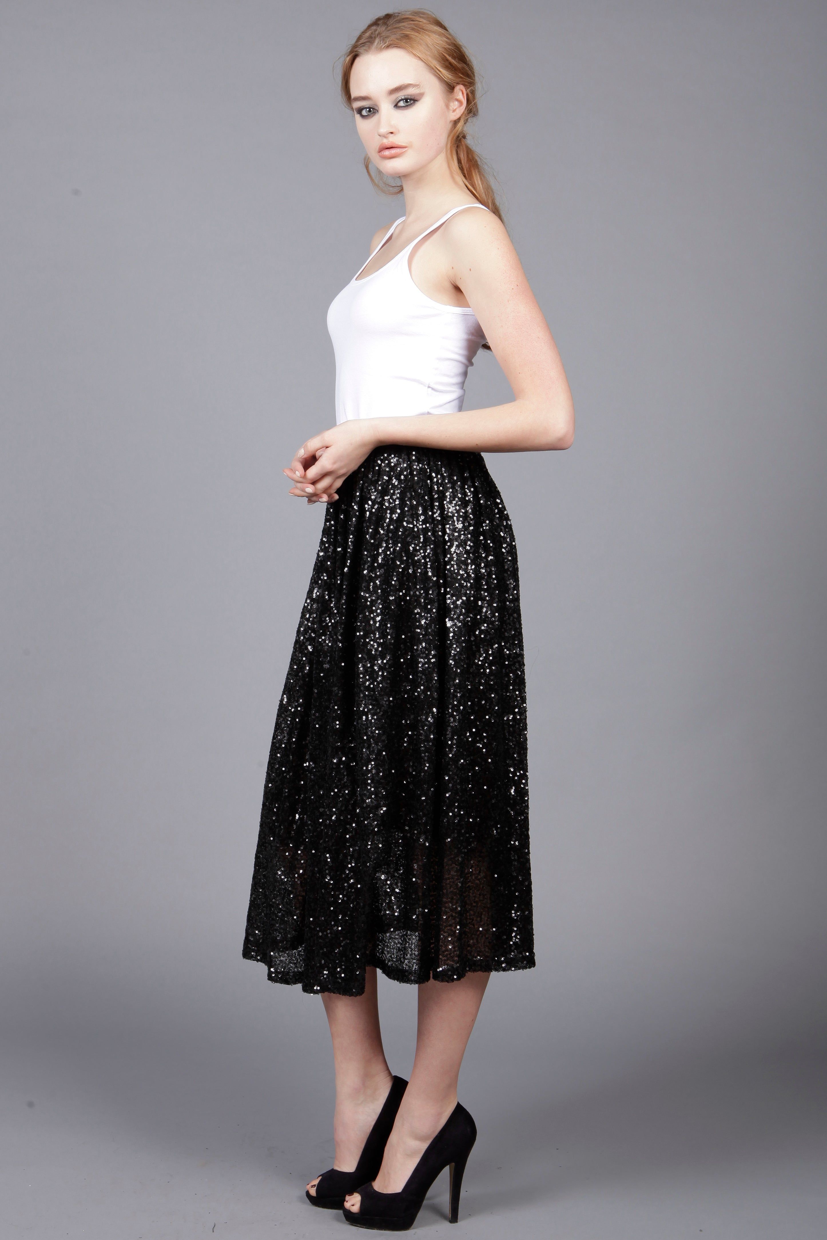 Cutie London Elegant Black Sequin A-Line Skirt
