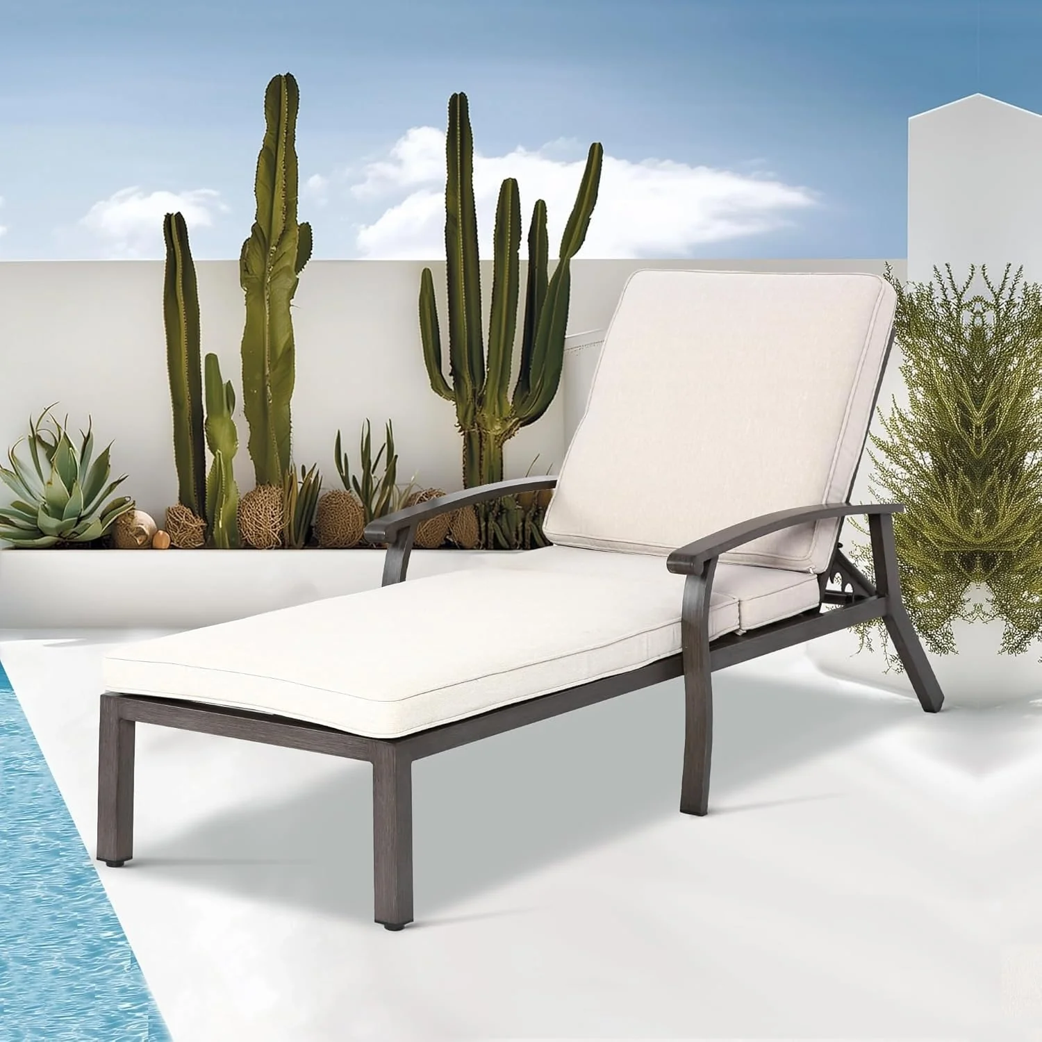 Outdoor Aluminum Reclining 5-Position Adjustable Backrest Chaise Lounge with Cushion