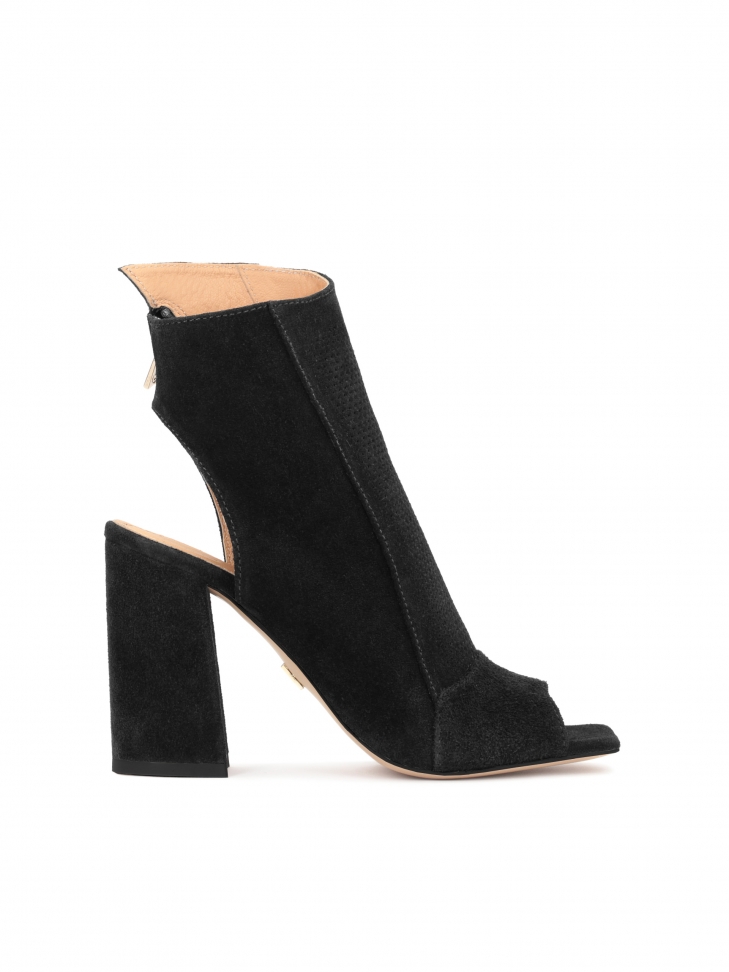 Suede booties on a wide heel with an open toe and heel