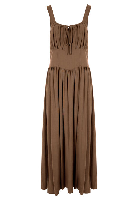 Womens Chocolate Brown Waisted Linen Blend Midi Dress