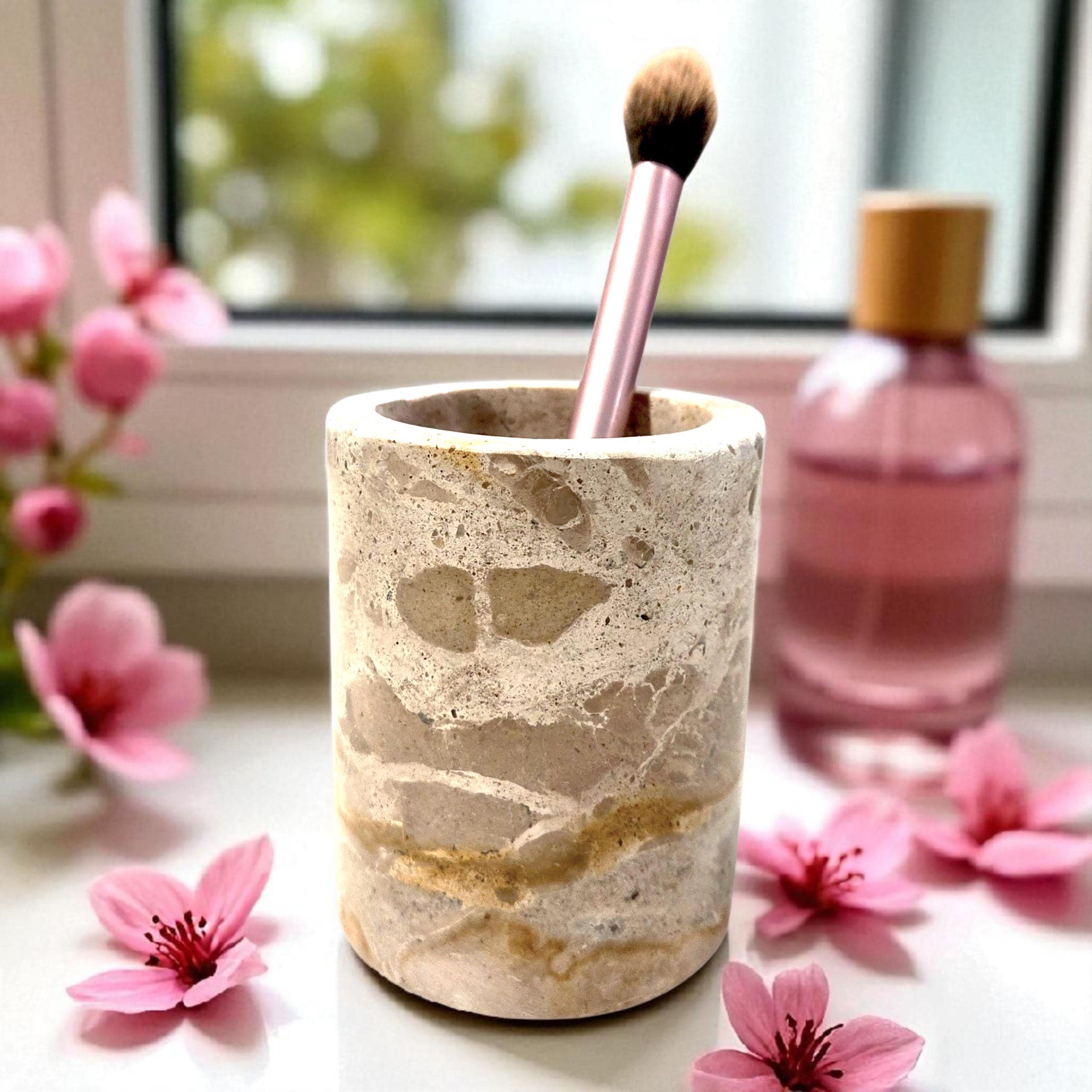 Beige Marble Toothbrush Mug | Natural Stone Pot | Makeup Brush Holder | Bathroom Organiser