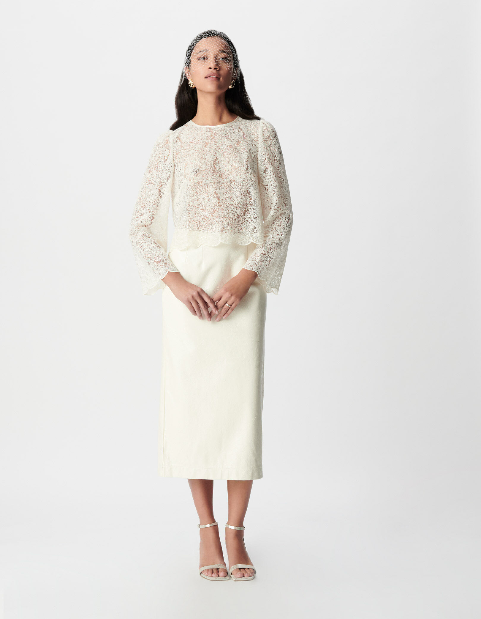 Blouse courte blanche en dentelle Femme