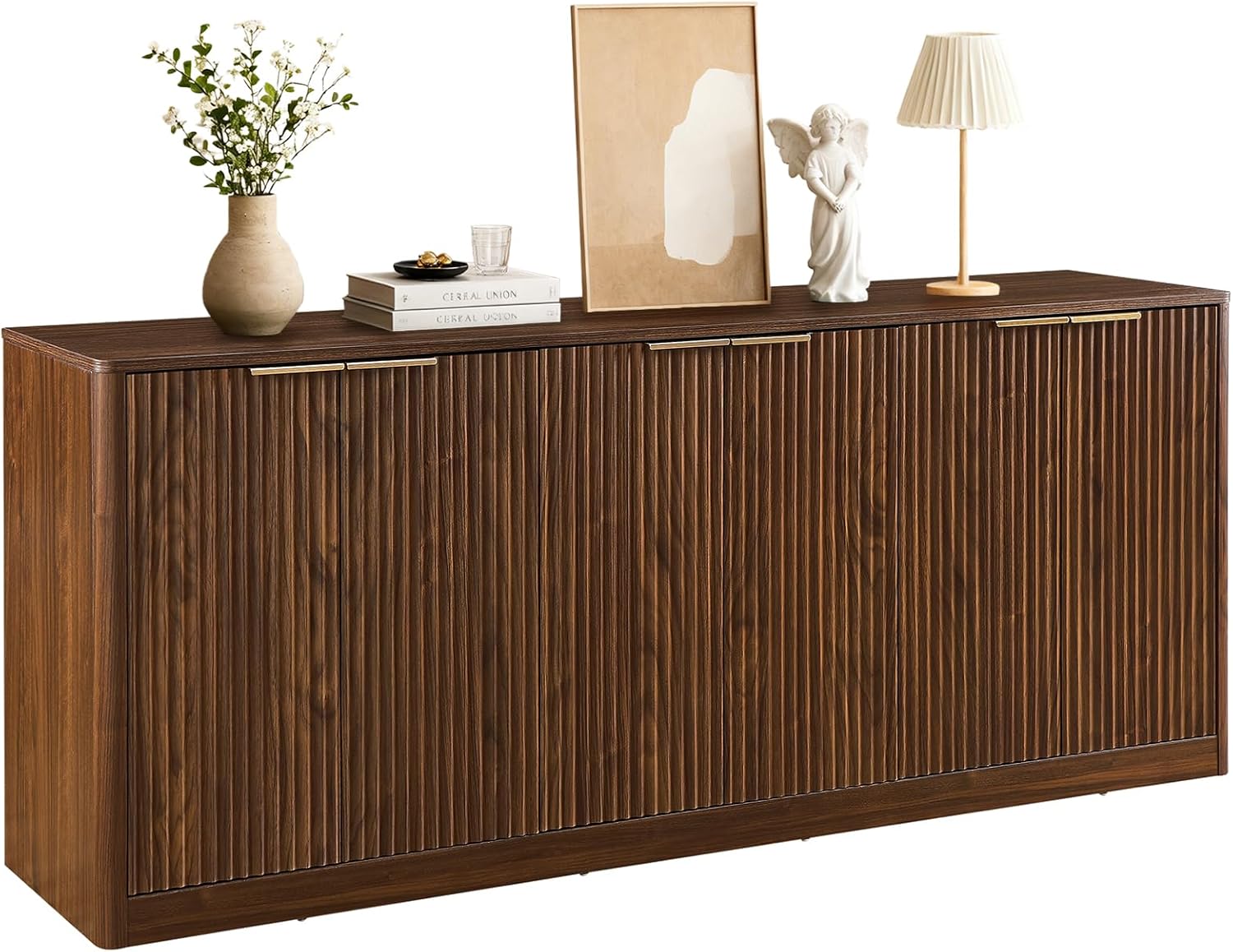 67 Fluted Buffet Cabinet Sideboard with Storage, Large Credenza with 6 Doors Accent Storage Cabinets Mid Century Modern Sideboard for Living Room Kitchen (Walnut)