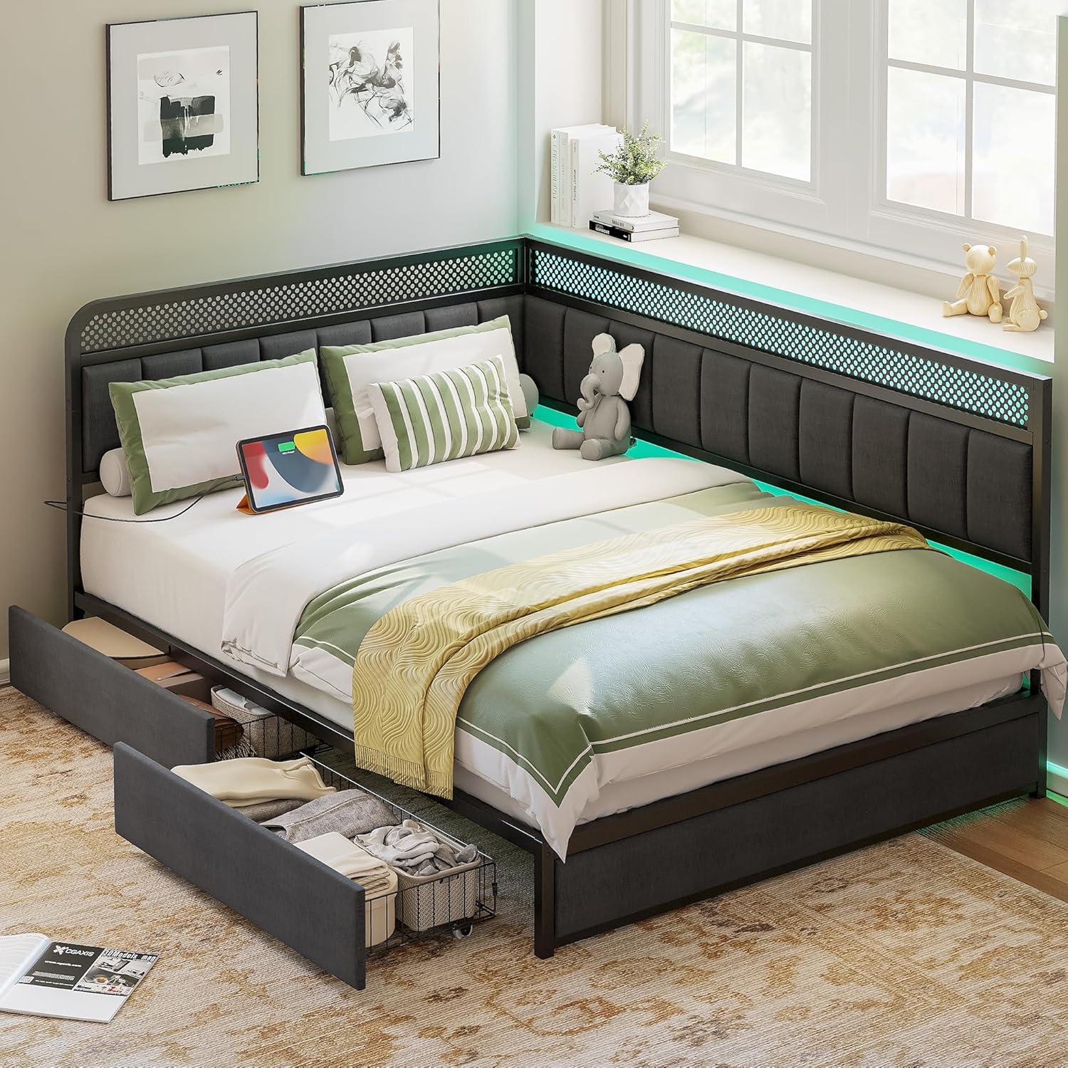 LIKIMIO Full Corner Bed Frame with Storage Drawers and Charging Station, Modern Full Daybed with LED Lights and Upholstered Guardrail, Gray