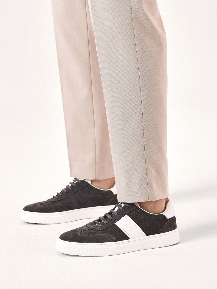 Grey suede sneakers with white inserts