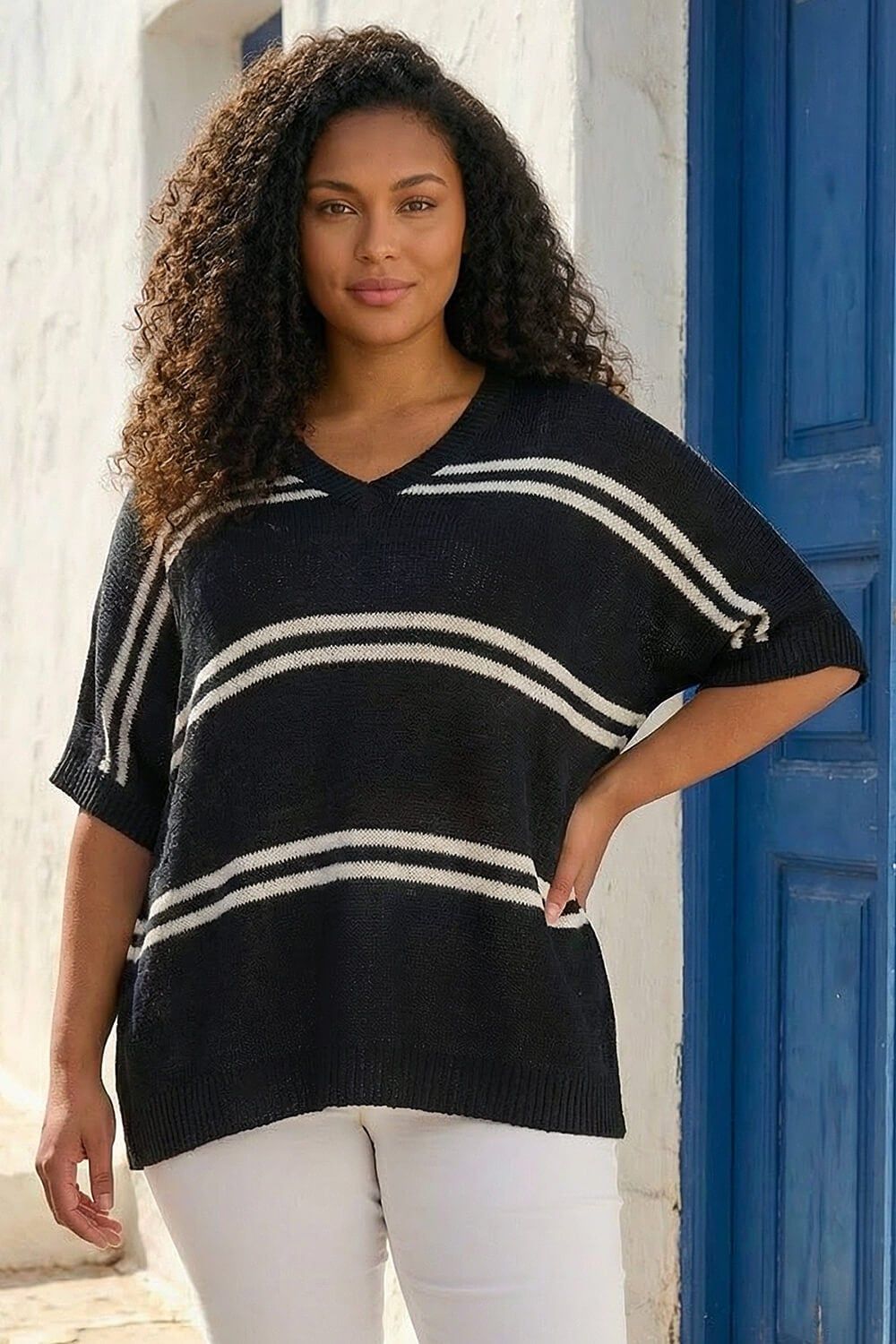 Roman Curve Stripe V-Neck Knit Jumper