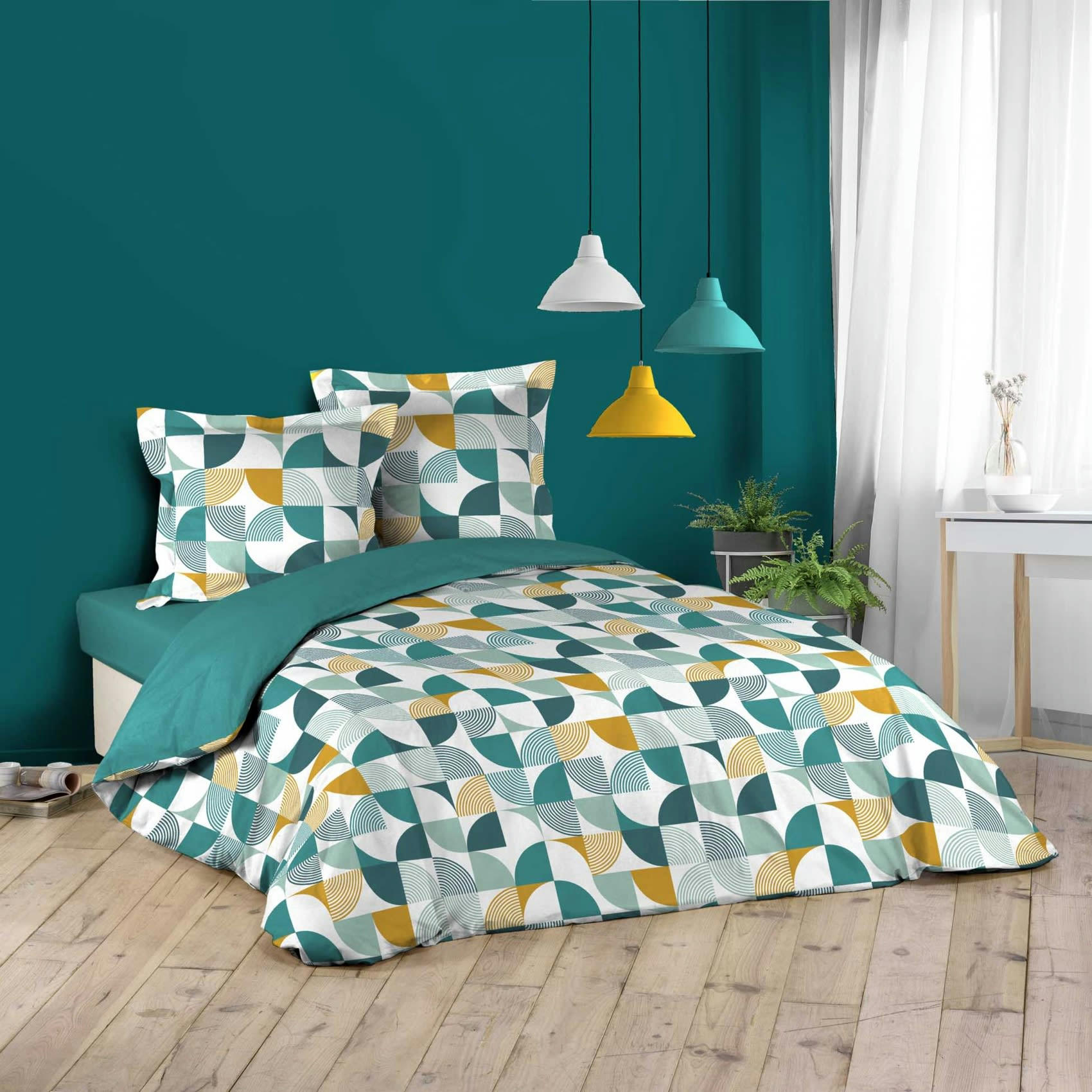 - Parure de lit esprit géométrique coton bleu 240x220 cm