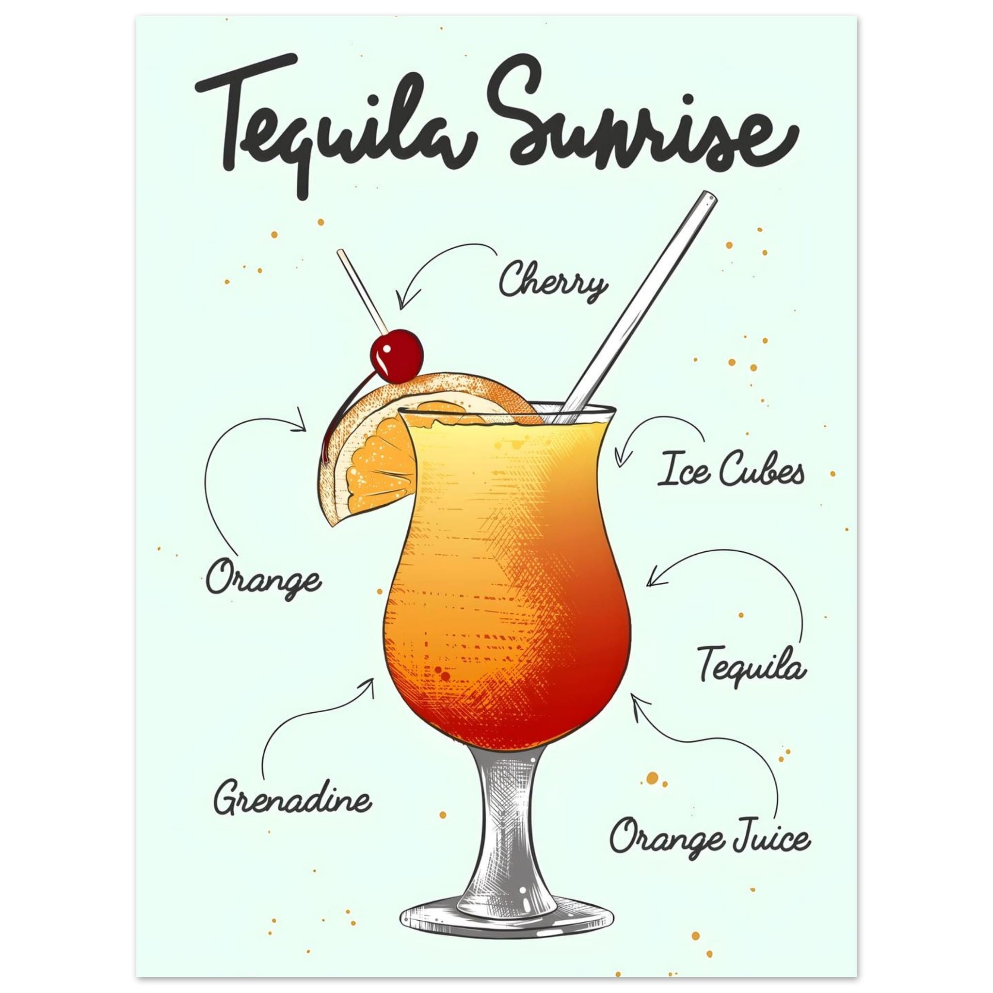 Artfulprints Tequila Sunrise cocktail – Illustratie  poster 30x40 cm