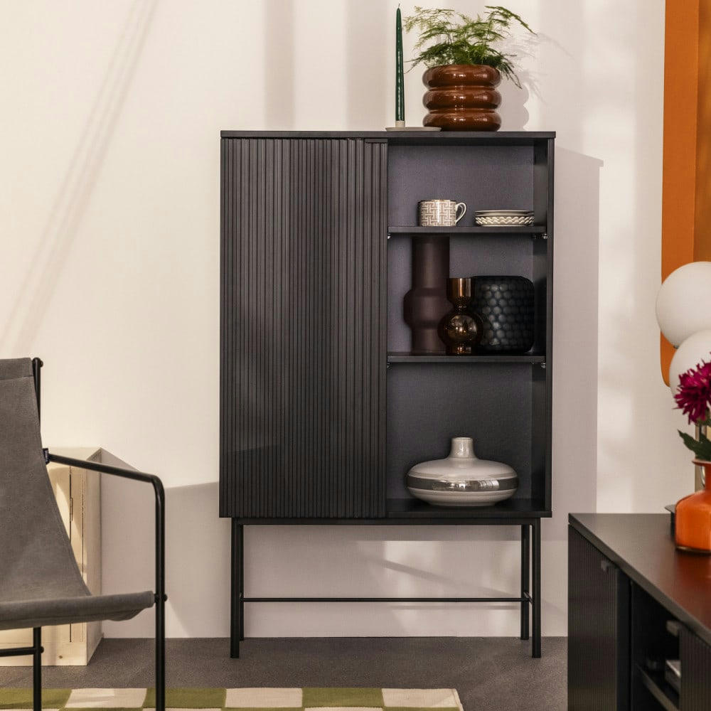 MOLLY - Buffet haut 1 porte, 3 niches en bois et métal H130cm noir