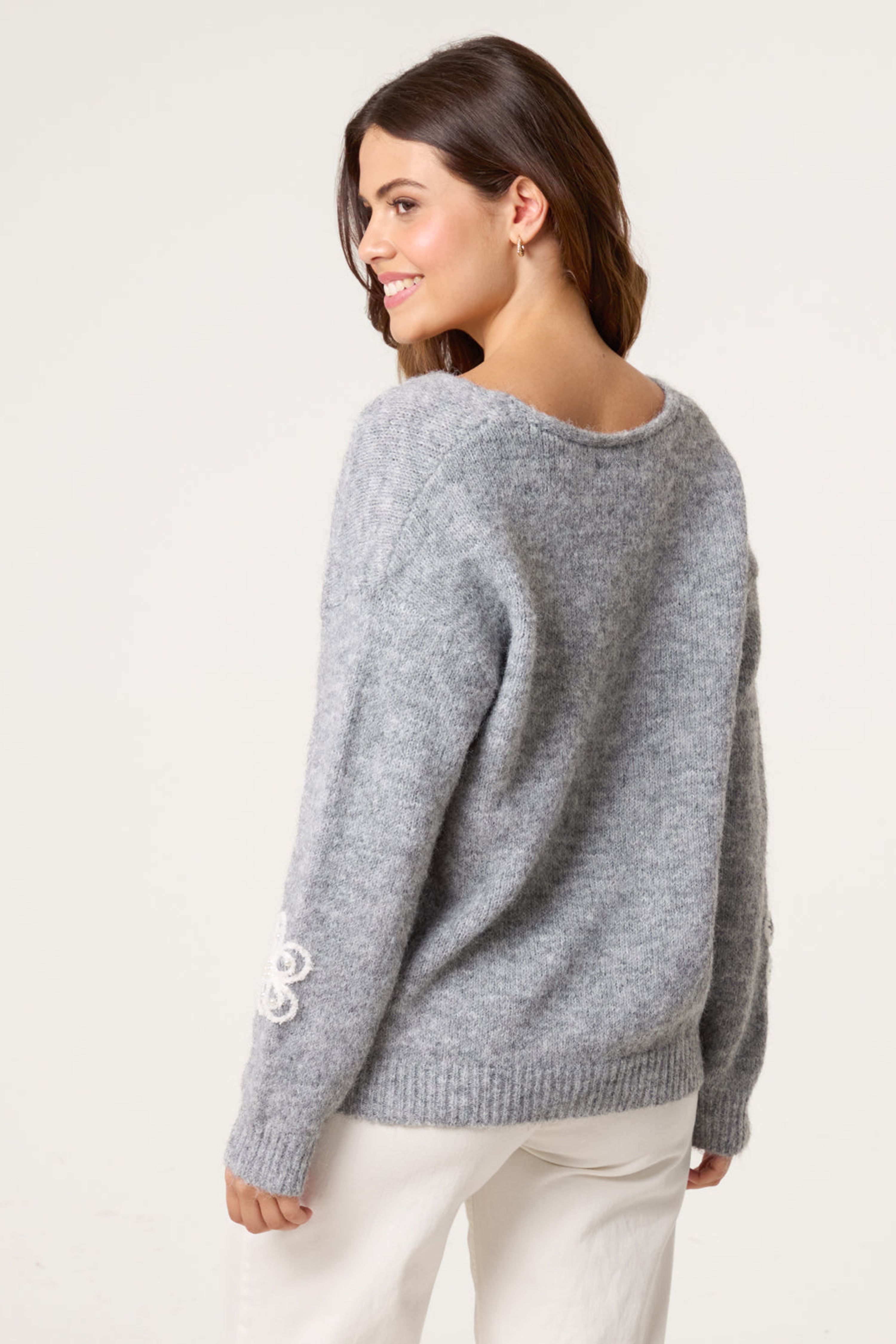 Blue Vanilla Grey V Neck Flower And Pearl Jumper