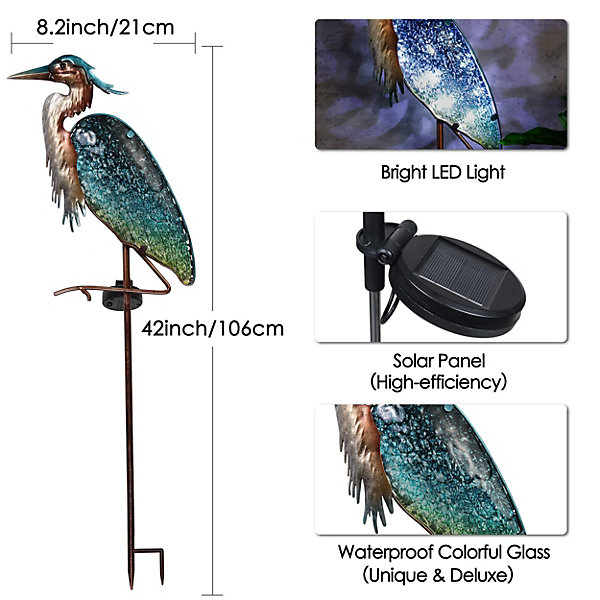 Lampe Solaire Exterieur Jardin DecorationHéron 106cm Figure Oiseau Lumière Solaire LED Métal Verre Imperméable Lumière Sol Lampe