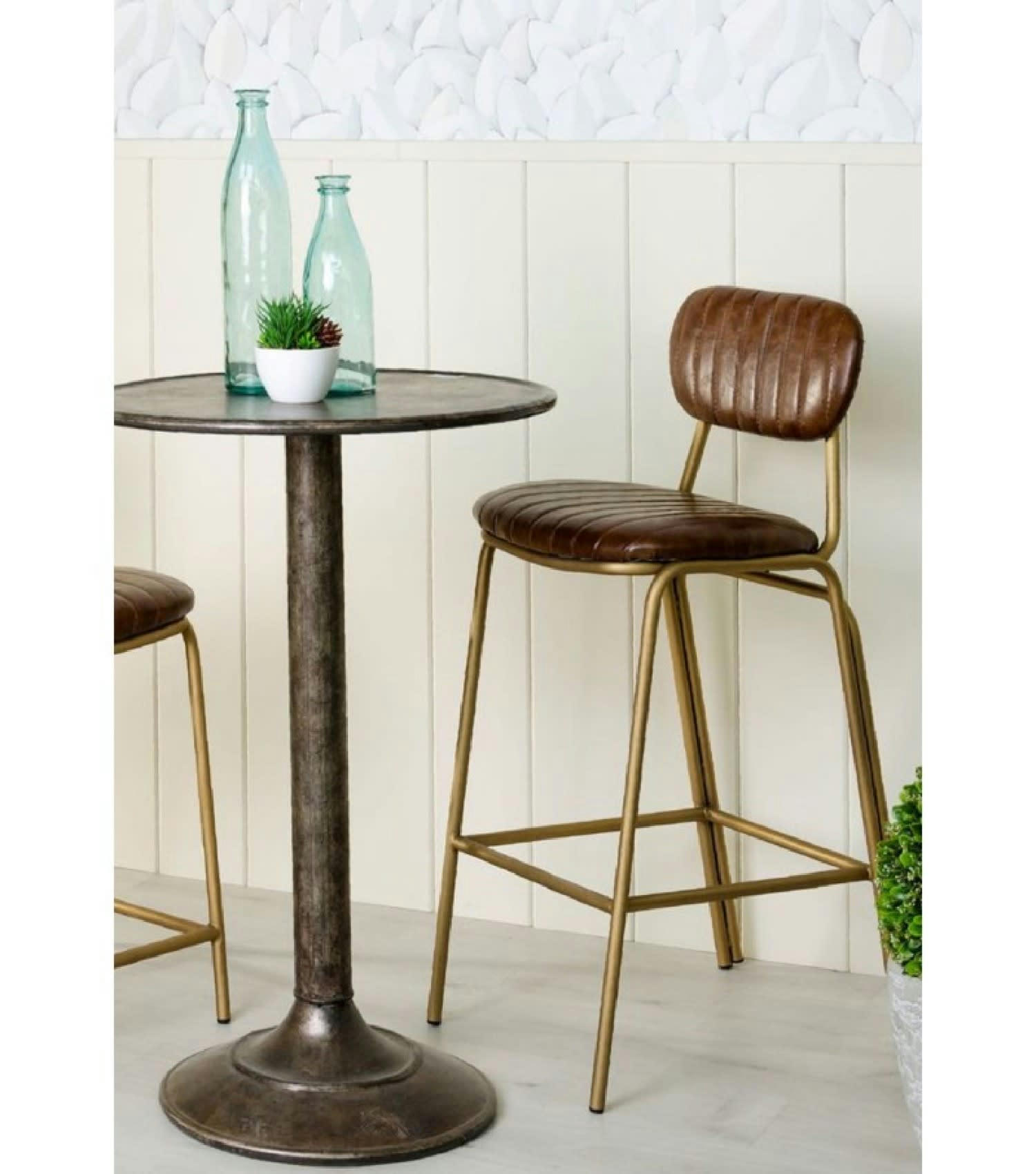 VINTAGE - Tabouret de bar métal doré et assise marron