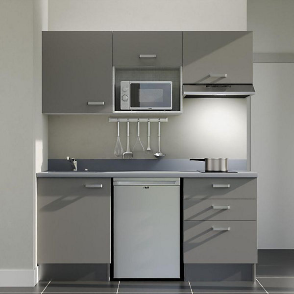 Kitchenette K20 - 180 cm - façades Gris - Plan monobloc en quartz coloris Cromo évier à gauche - Electroménager Inox