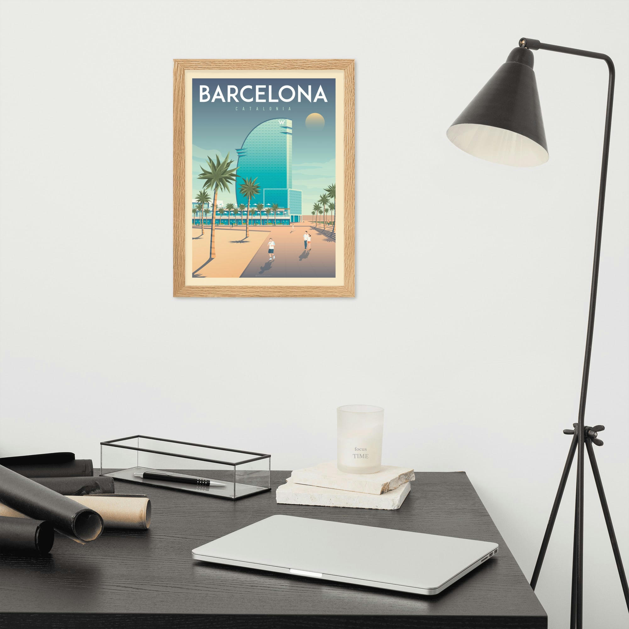 - Affiche Barcelone Espagne - Hotel W avec Cadre (Bois) 21x29,7 cm