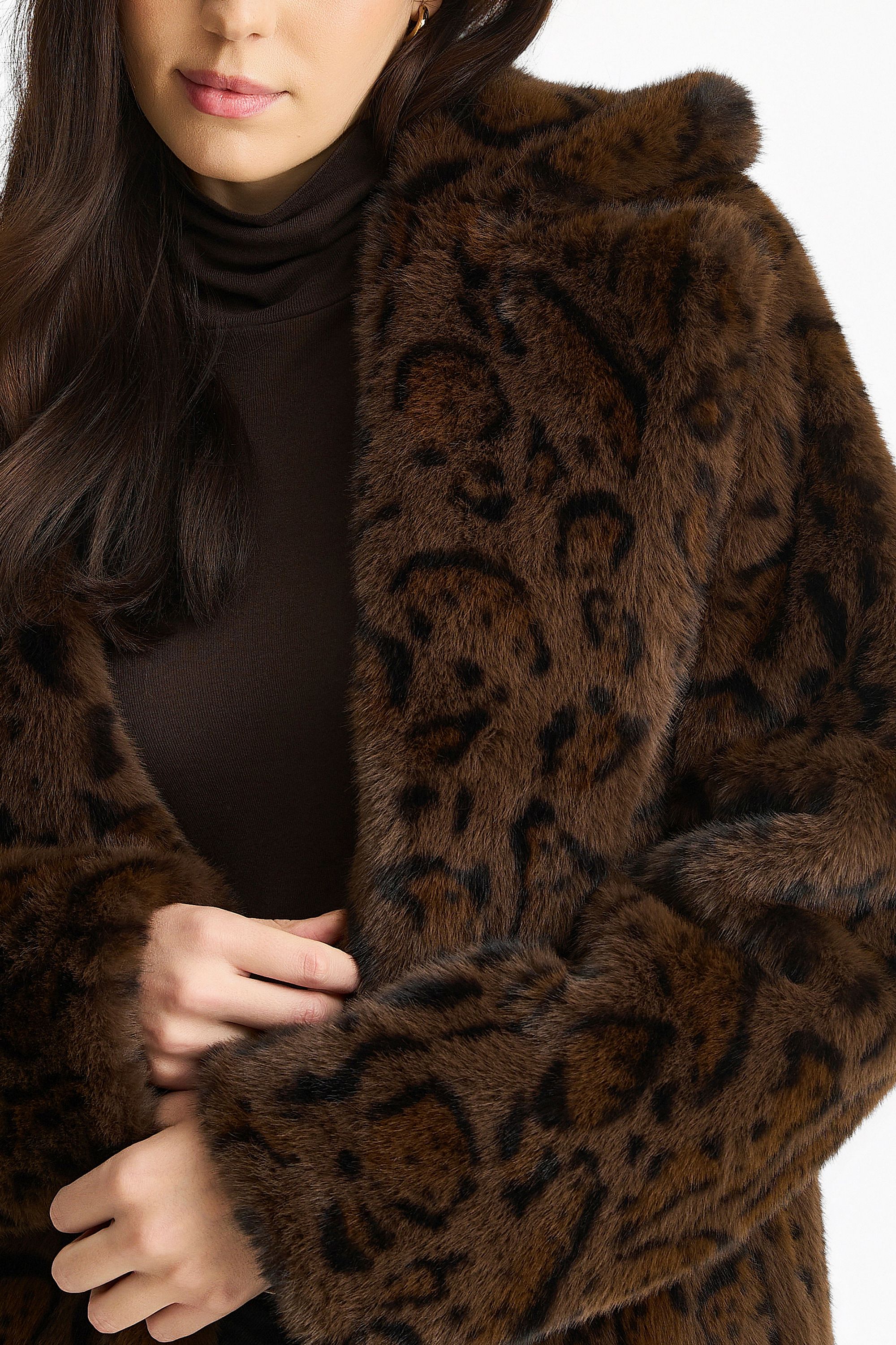 Gini London Chocolate Animal Print Premium Faux Fur Belted Long Coat