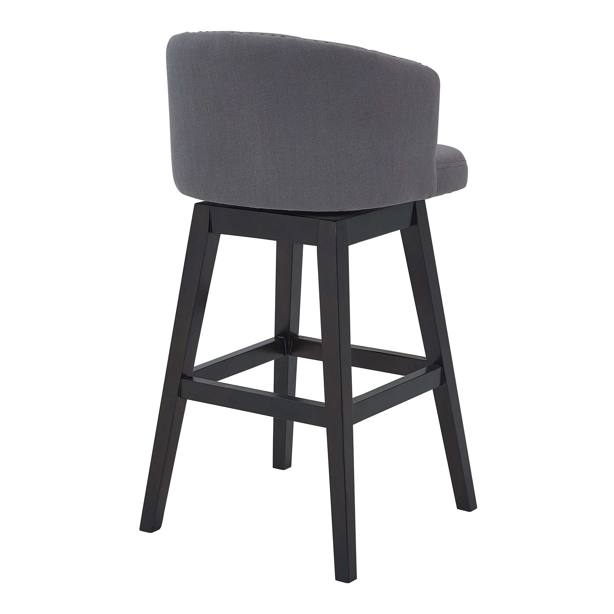 26 Grey Tufted Fabric and Dark Espresso Wood Swivel Bar Stool