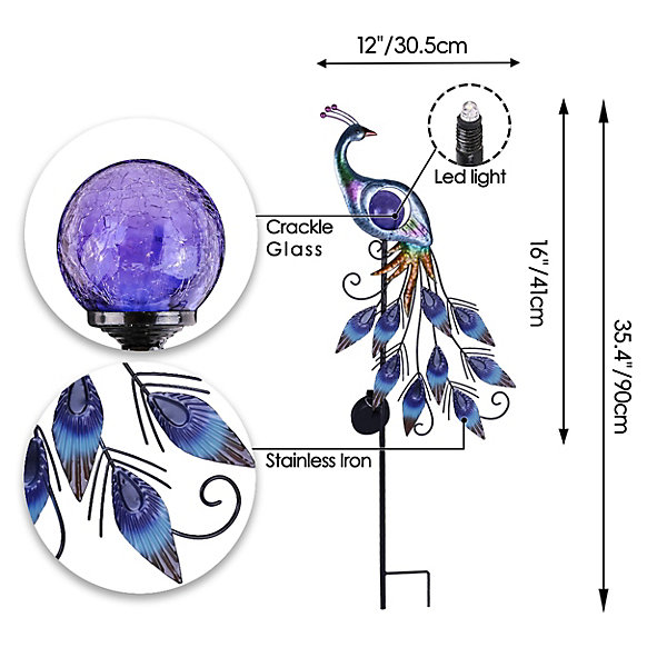 Lampe Solaire Exterieur Jardin Decoration Statue Paon en Metal 80cm Eclairage LED