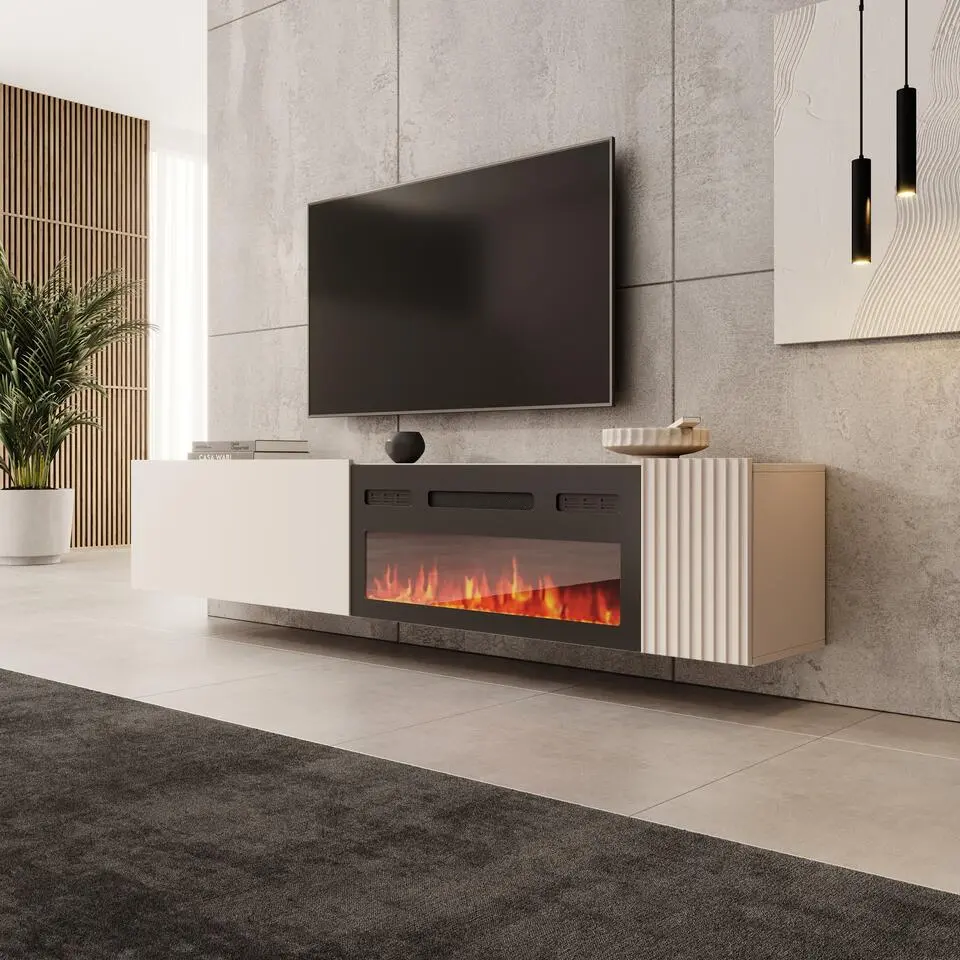 Meubella - Cruzar - TV-Meubel met sfeerhaard - Beige - 200 cm