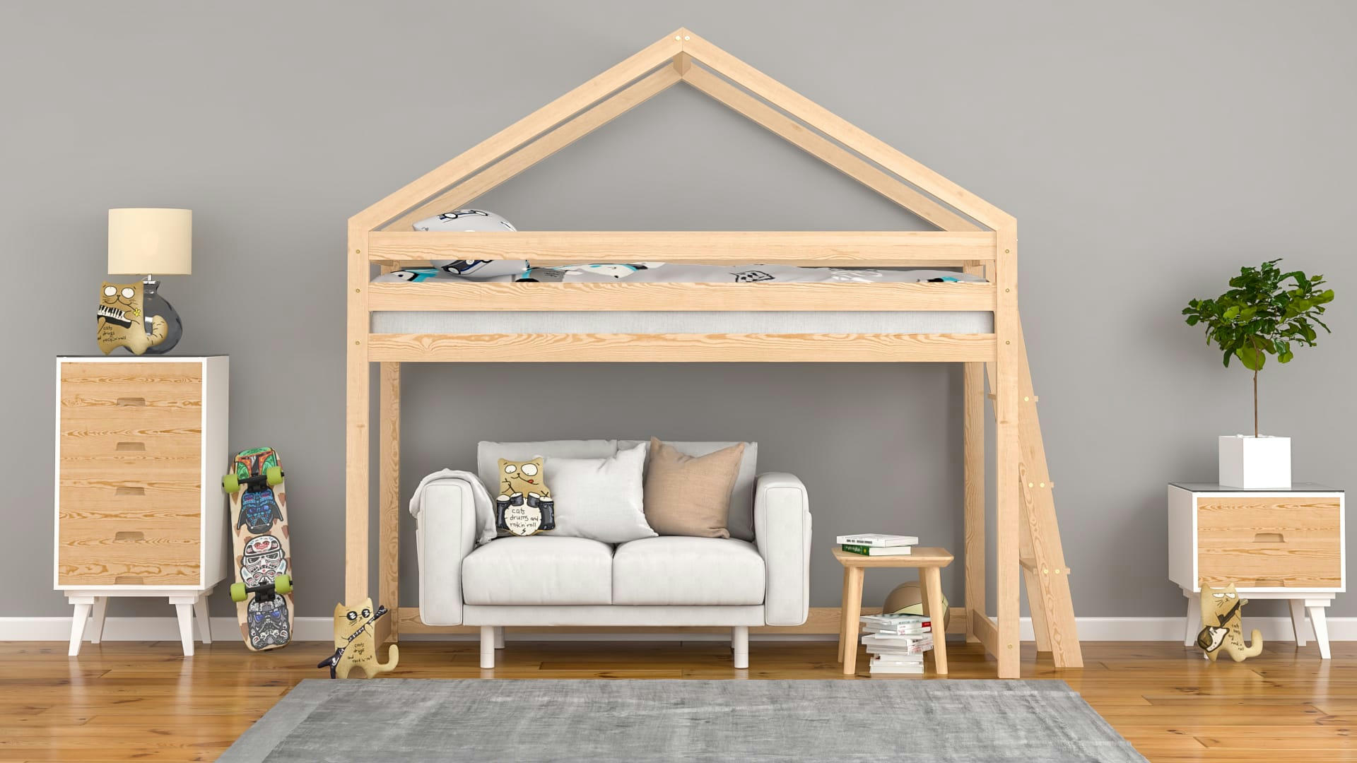 - Lit mezzanine en pin massif 180x80 naturel