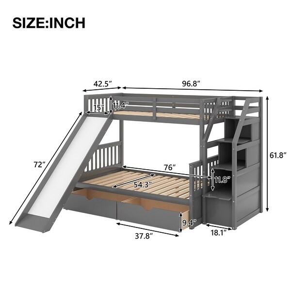 Merax Twin over Full Bunk Bed with Slide, Drawers, Storage Stair for Kids