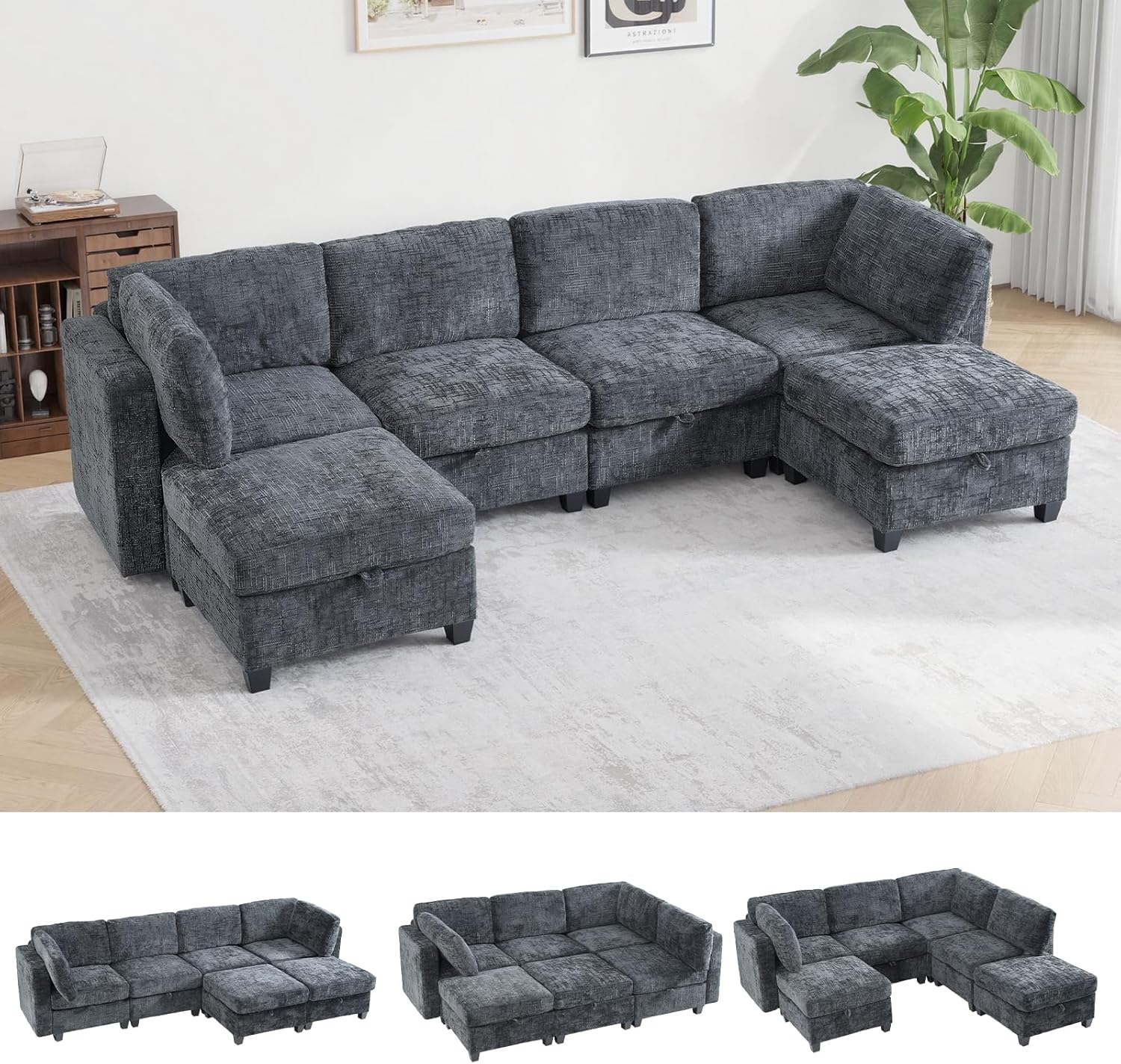 128 Oversized Modular 6 Seater Sofa with Removable Covers and Storage, Convertible U, L-Shaped and Sleeper Sectional, Modern Sectional Couch with Movable Ottoman for Living Room, Apartment, Gray