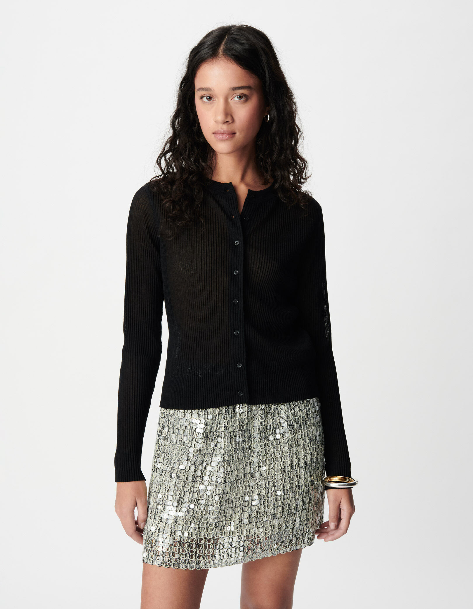 Cardigan manches longues noir maille plissée Femme