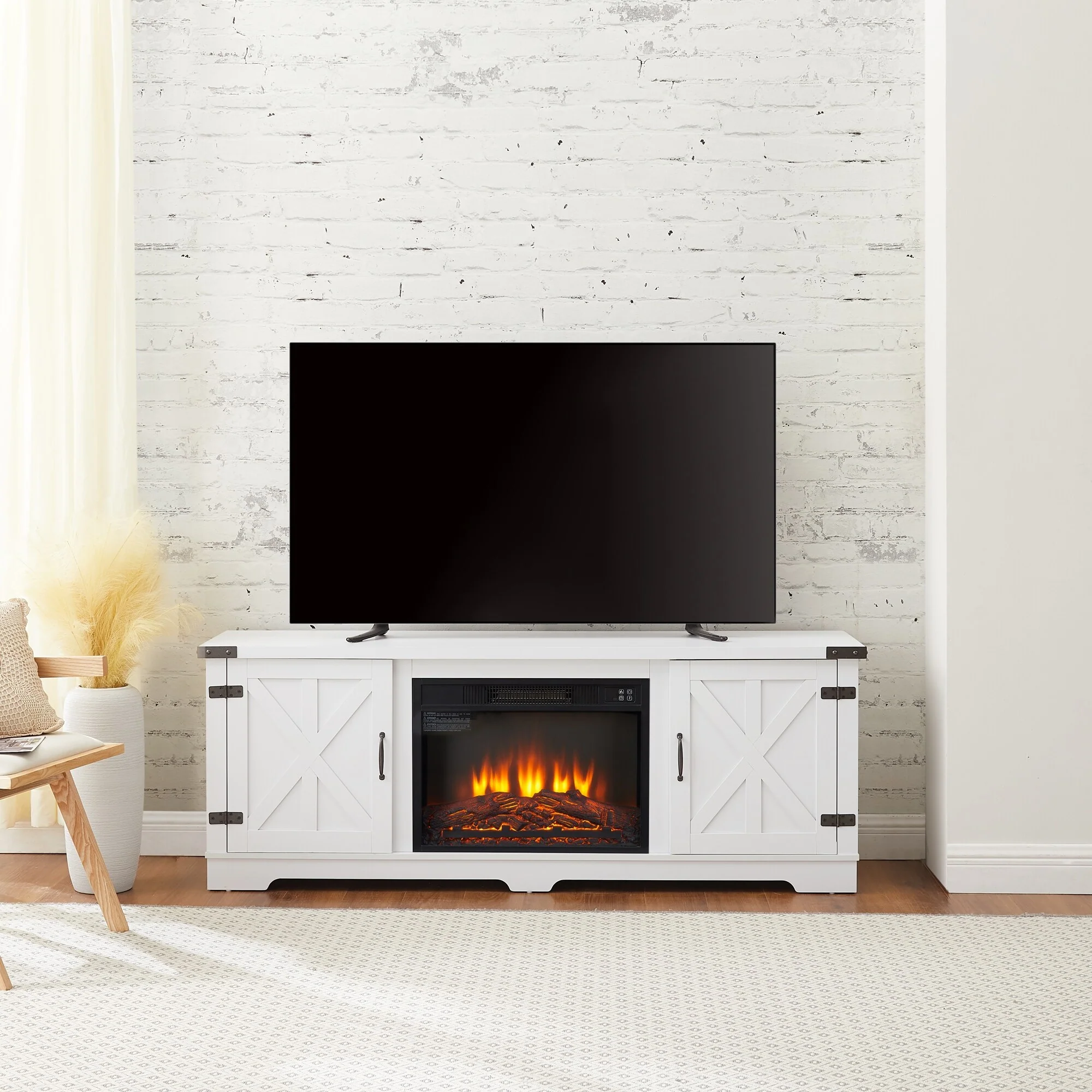 White 65 Fireplace TV Stand with Open Shelves & Closed Cabinets for TVs Up to 70