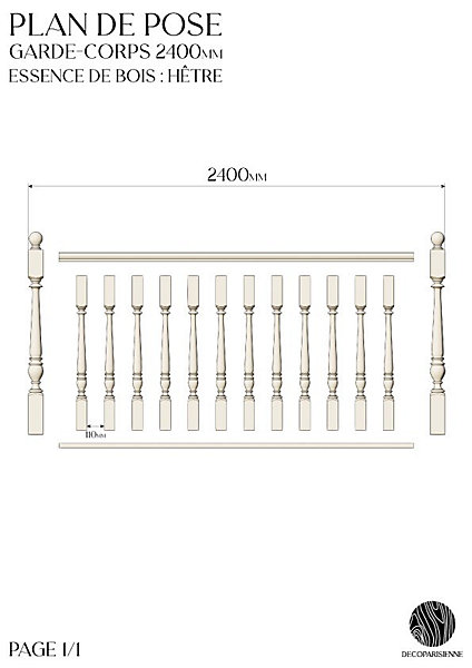 Kit garde-corps bois massif tourné - Longueur 2400mm