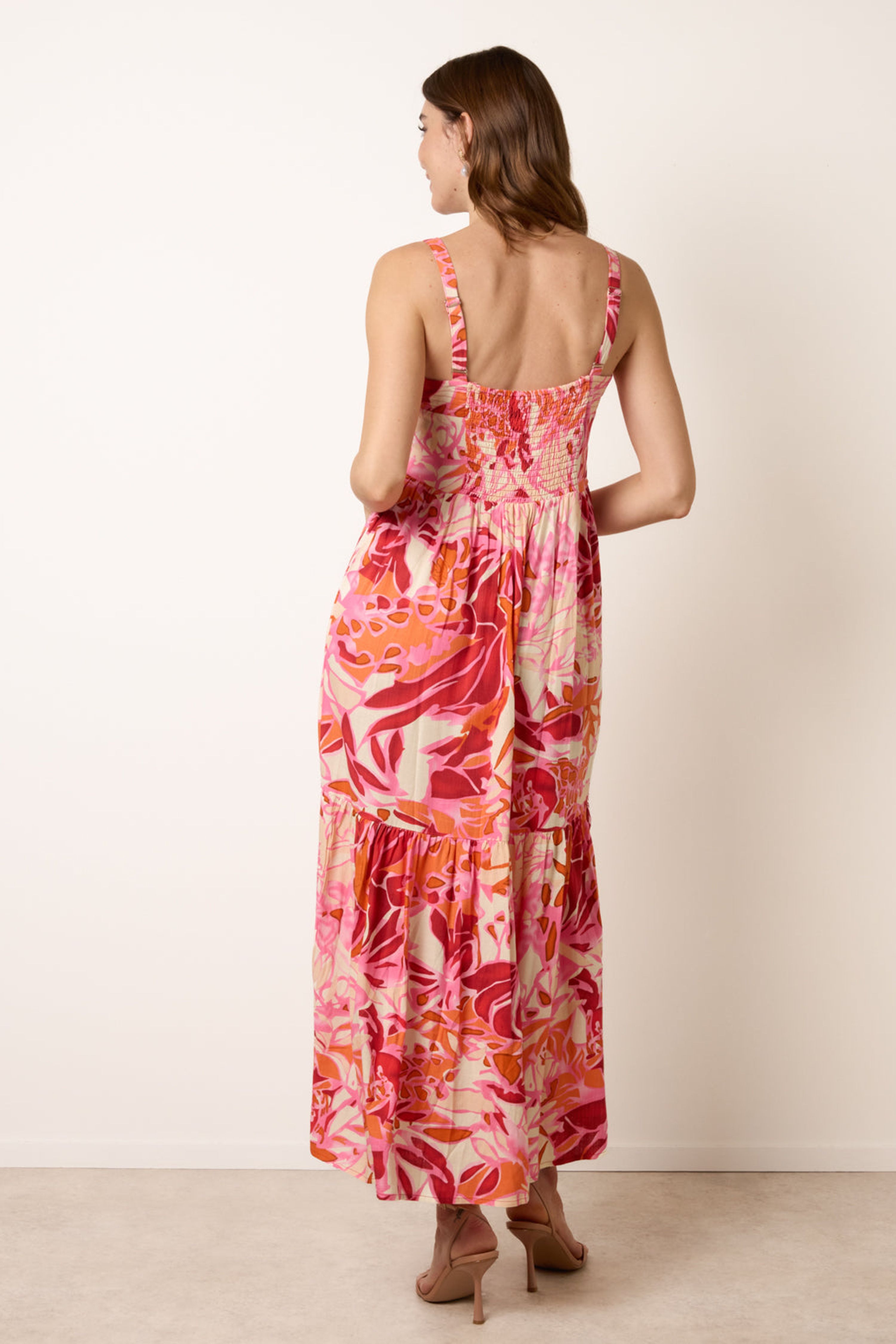 Blue Vanilla Pink Tropical Print Adjustable Strap Maxi Dress