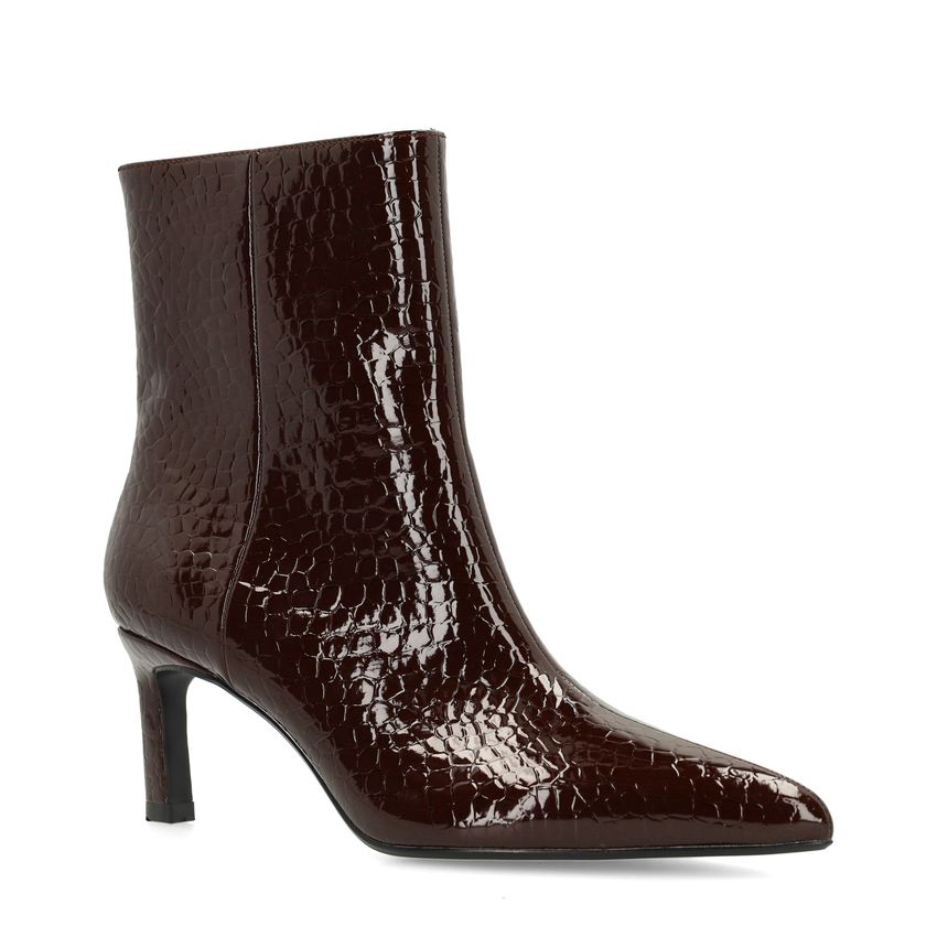 Manfield Donkerbruine lak enkellaarsjes met hak