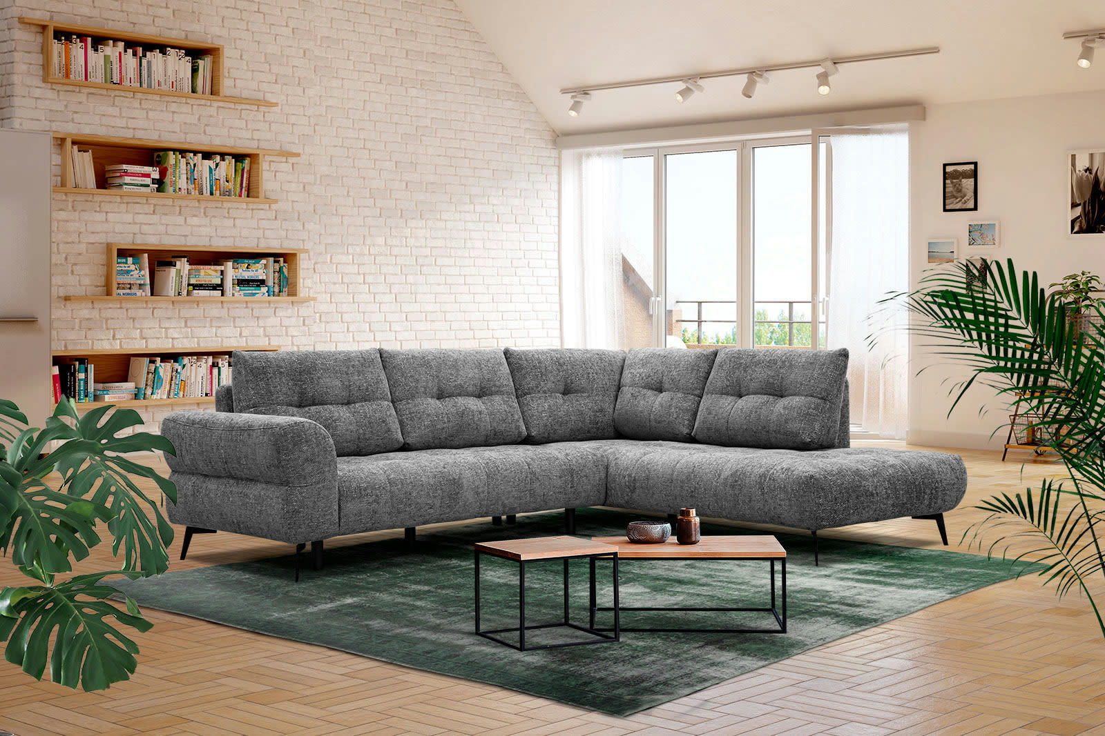 SALVINI - Canapé d'angle droit 5 places tissu graphite