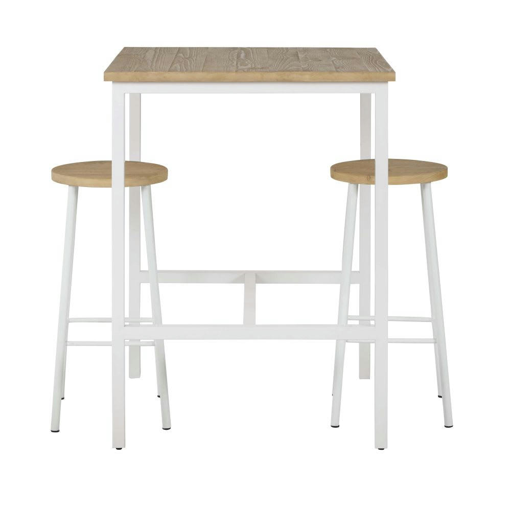 Wilbury - Table à manger haute L70 et tabourets H62 (x2) en épicéa et métal blanc 2 personnes