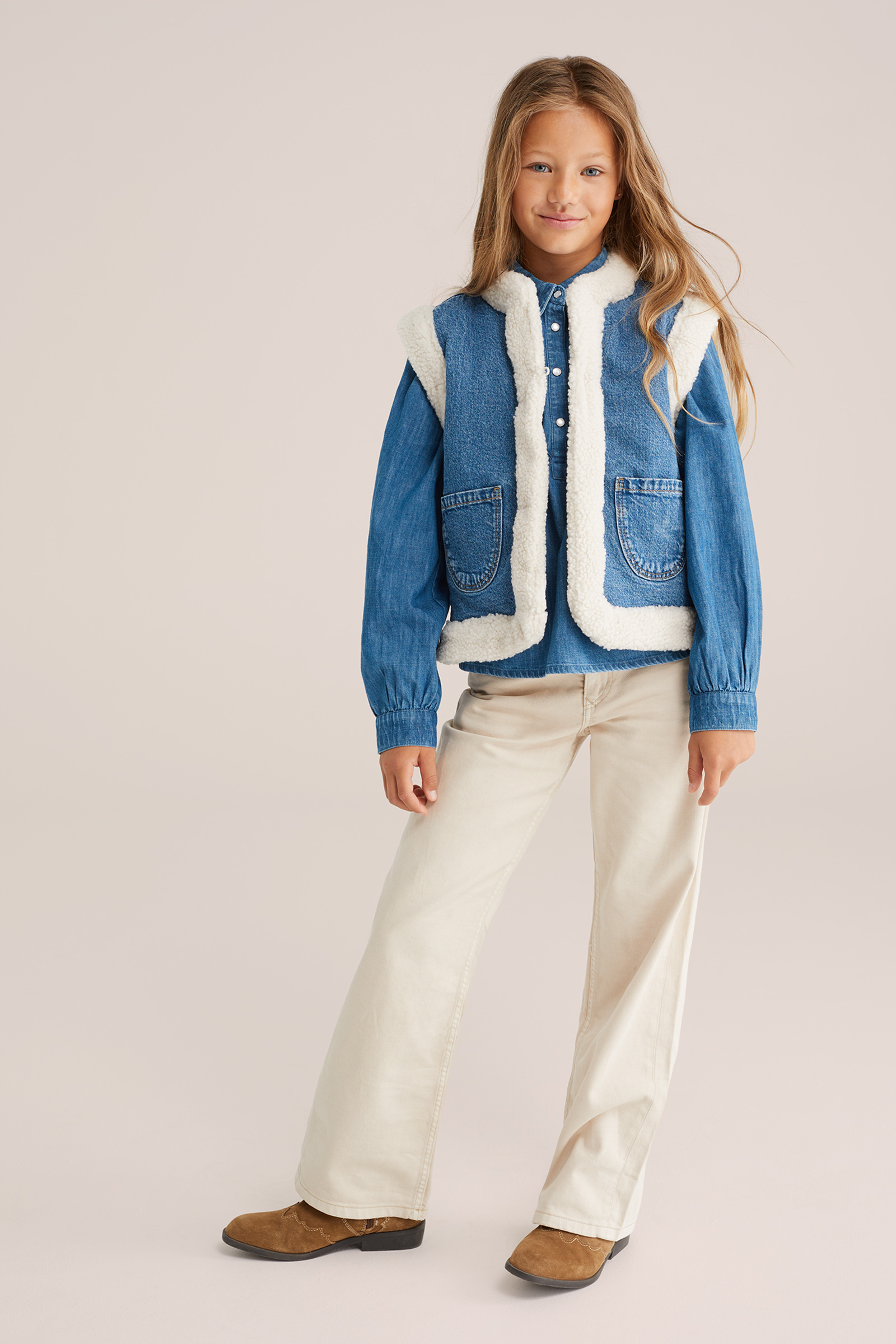 Meisjes reversible gilet van denim en wol