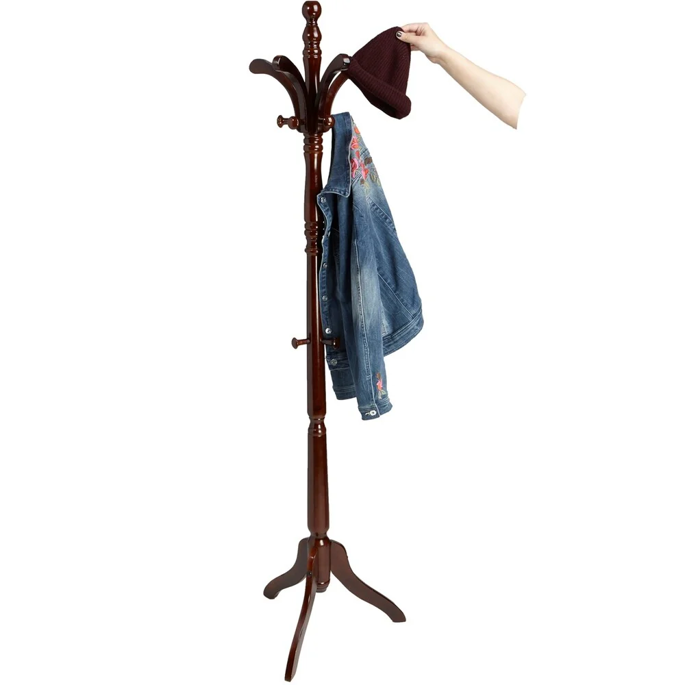 Mind Reader 13 Hook Solid Free Standing Wood Coat Rack, Entryway Coat Tree Hat Hanger Umbrella Holder, Brown