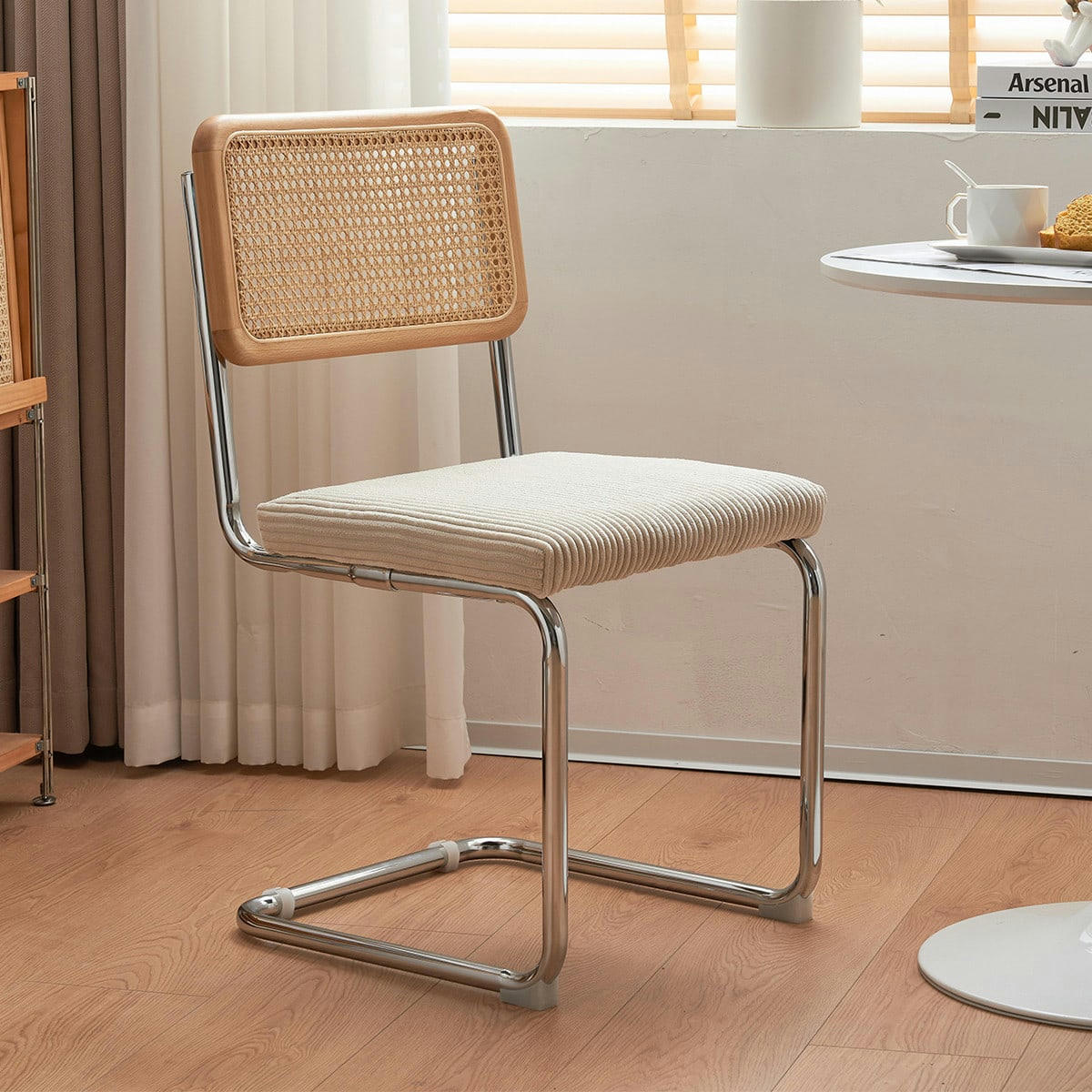 MUSE - Lot de 2 chaises en cannage velours côtelé beige et métal chromé