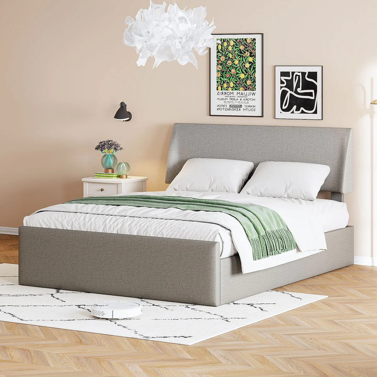 Roomfitters Sleigh Bed with Side-Tilt Hydraulic Storage System, Linen Upholstery, Gray