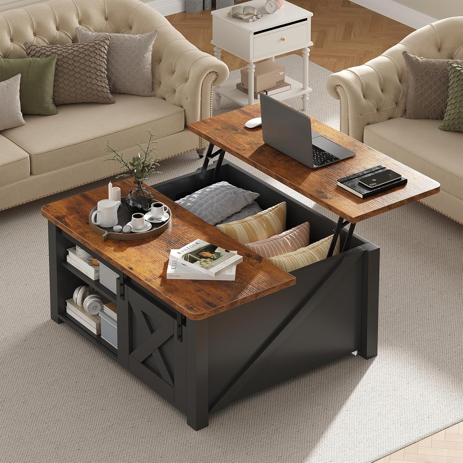 DUMOS Coffee Table, Lift Top Center Table with Storage, Square Living Room Tables with Adjustable Shelves, Wooden Center Coffee Table with Hidden Storage Compartment, Black