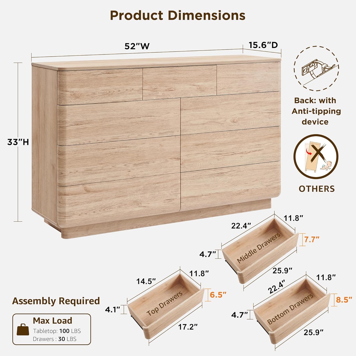 JXQTLINGMU 9 Drawer Dresser for Bedroom, 52 Wide Modern Wood Dressers with Push-to-Open Drawers for Closet Storage, Chest of Drawers TV Stand for Living Room & Hallway, Curved Profile, Natural