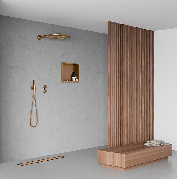 Balneo Niche murale de douche 30x30x7cm, étagère encastrable douche acier inox, finition cuivre, WALL-BOX ONE