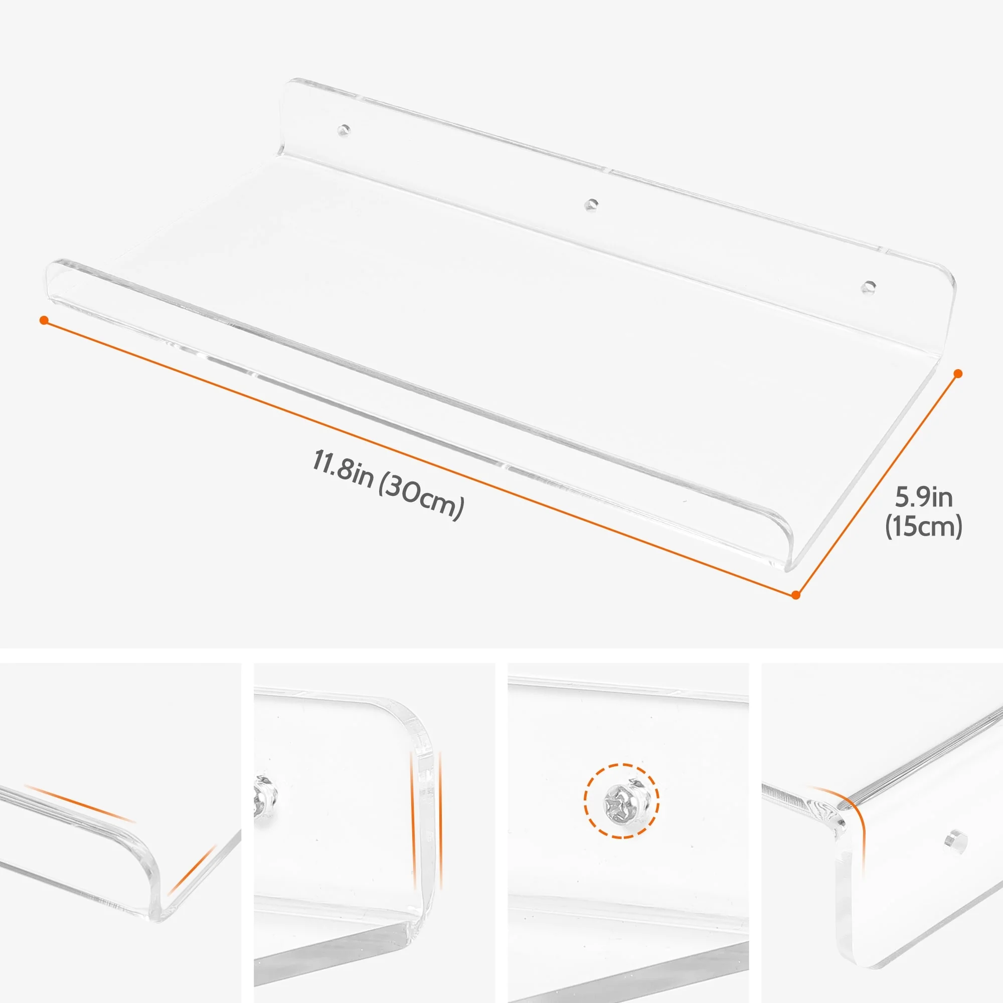 Acrylic Floating Shelves for Wall, Clear Acrylic Shelves for Kitchen Room Wall Mounted Display Shelf Clear - 4 Pack