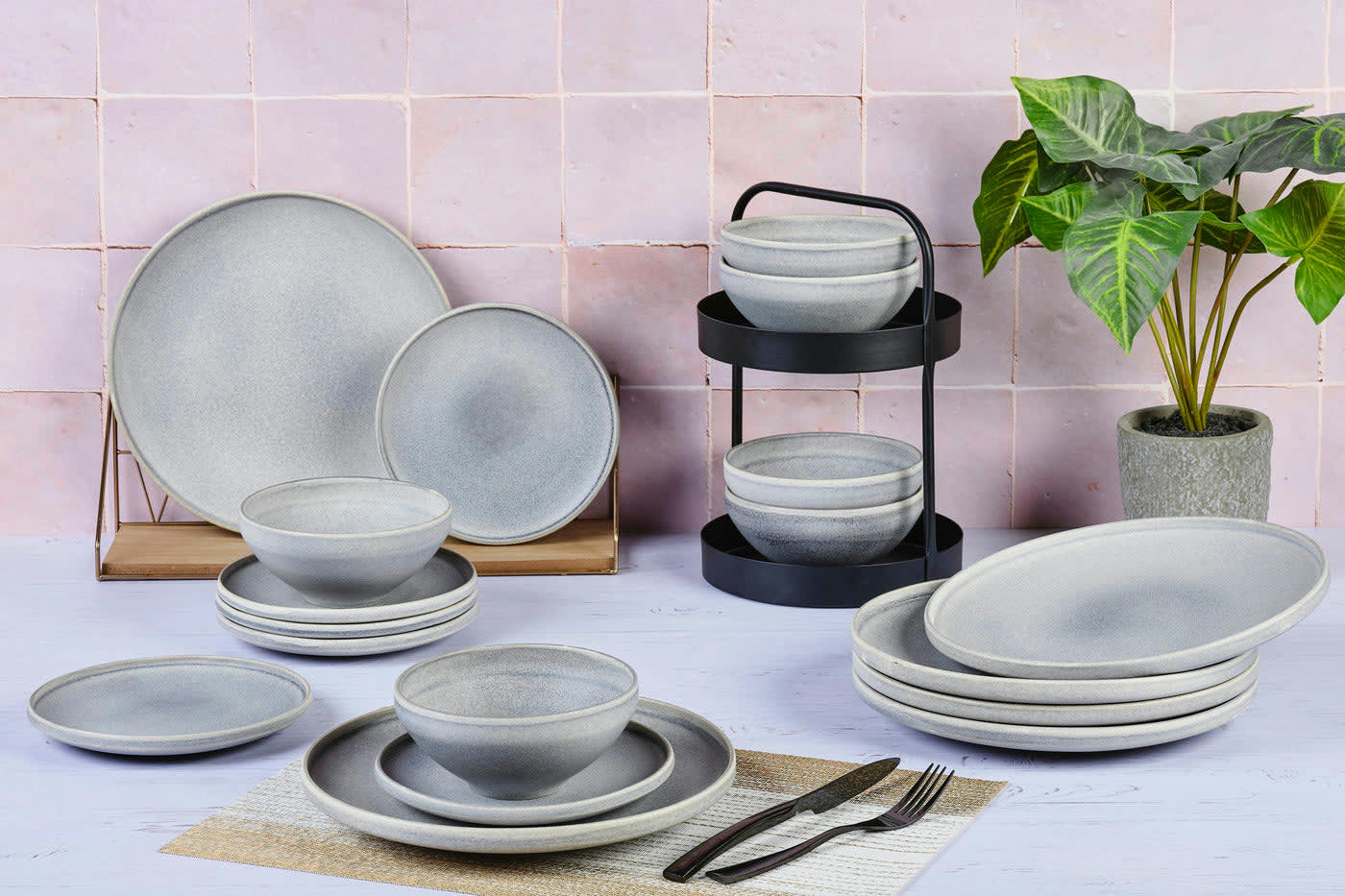 REACTIV - Set vaisselle 18 pièces en grès gris