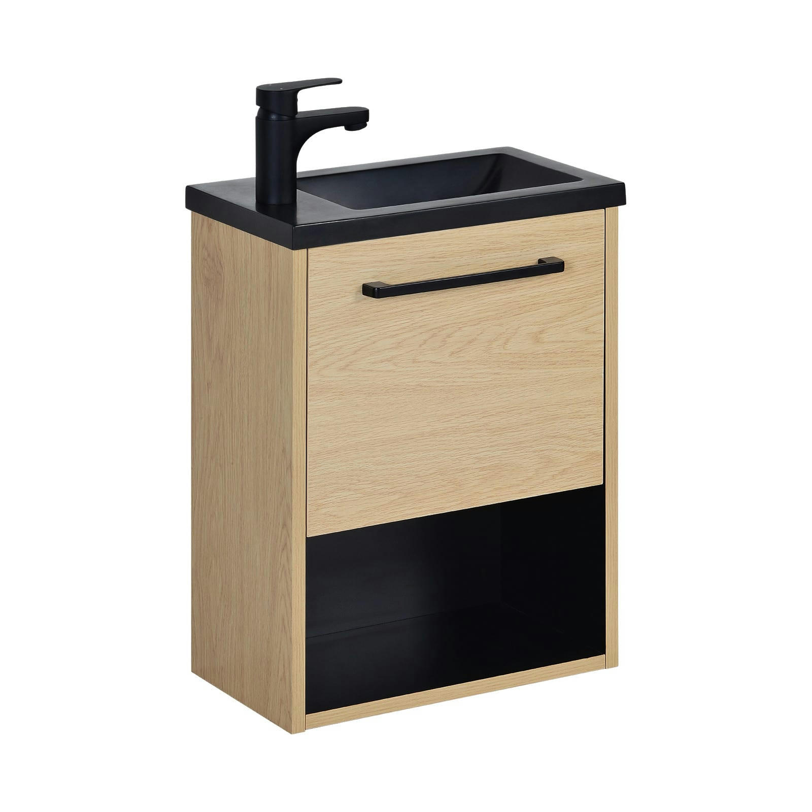 NIKA - Meuble lave-mains  Décor chêne intérieur noir + robinet noir